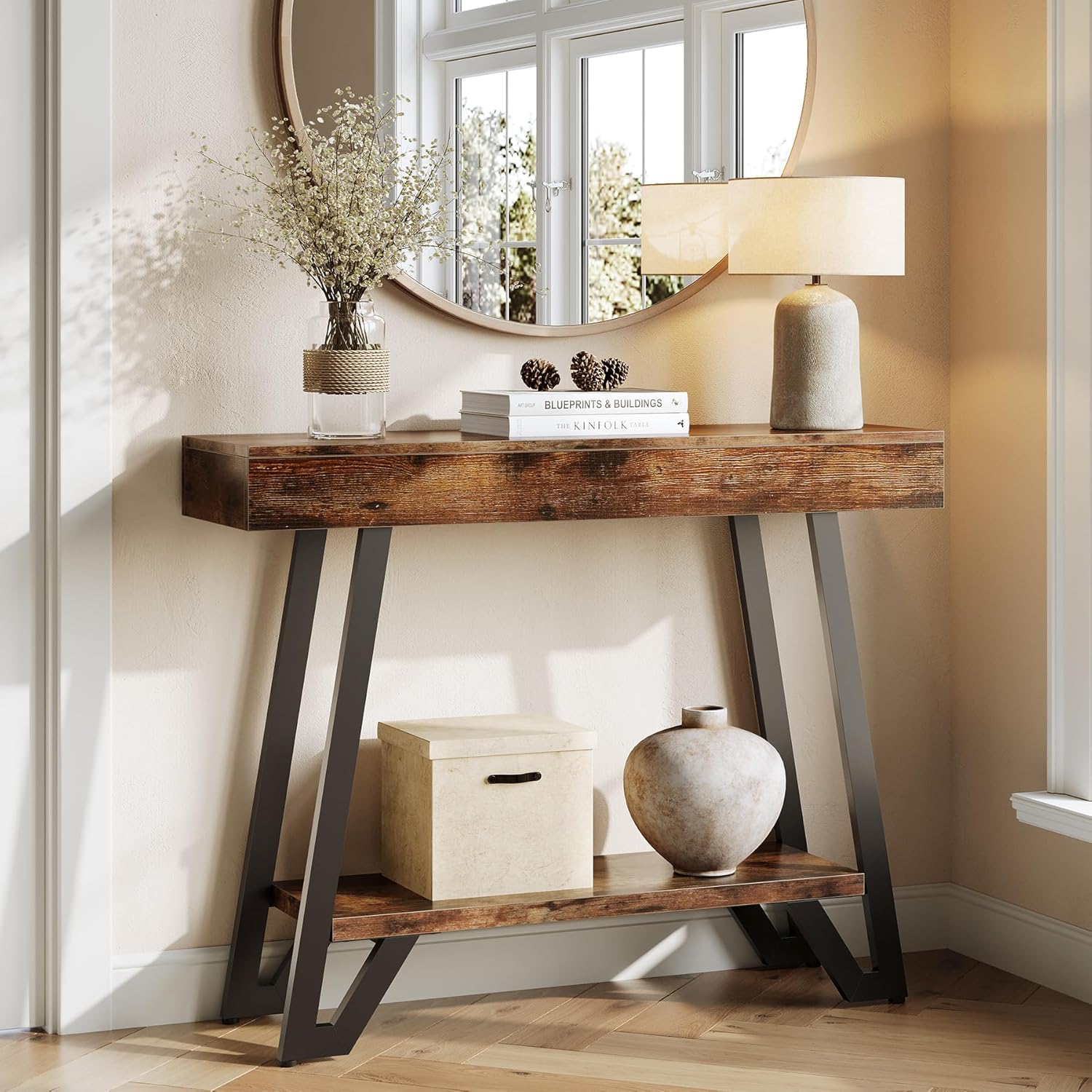 41" Rustic Industrial Console Table with Metal Frame, 2-Tier Storage Shelf for Entryway & Living Room