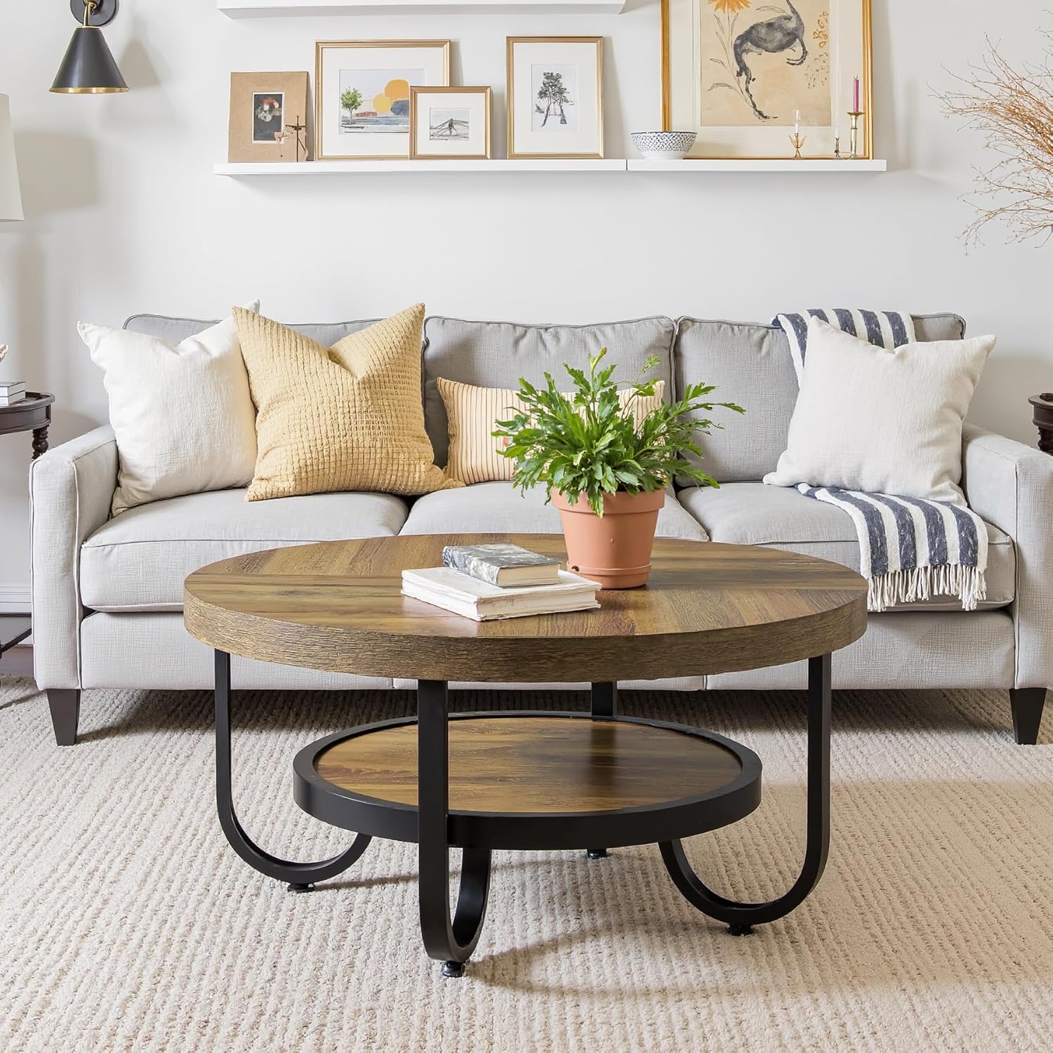 2-Tier Round Coffee Table with Storage, 31.1-Inch Center Cocktail Table