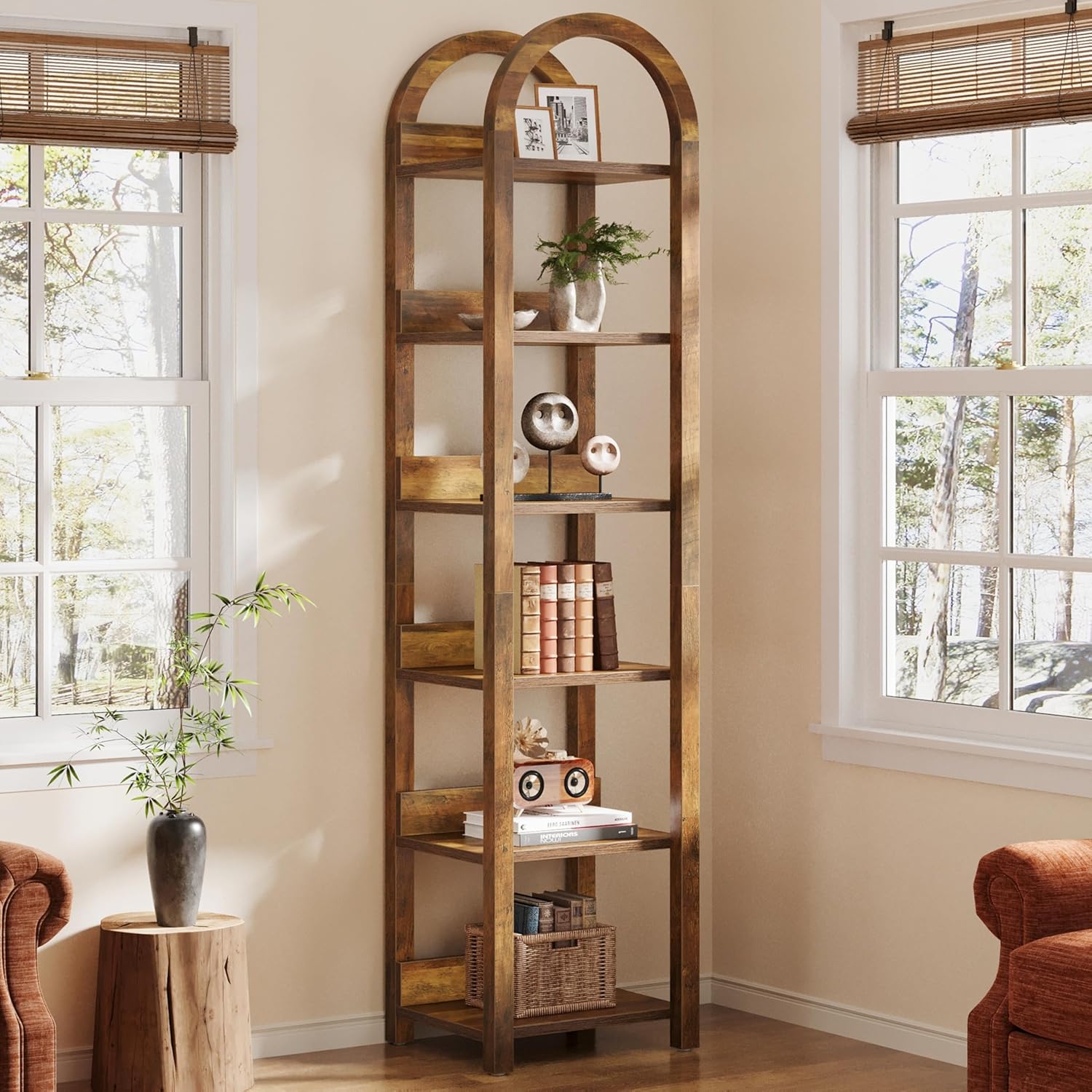 70.87-Inch 6-Tier Narrow Bookshelf with Arched Top, Tall Slim Bookcase