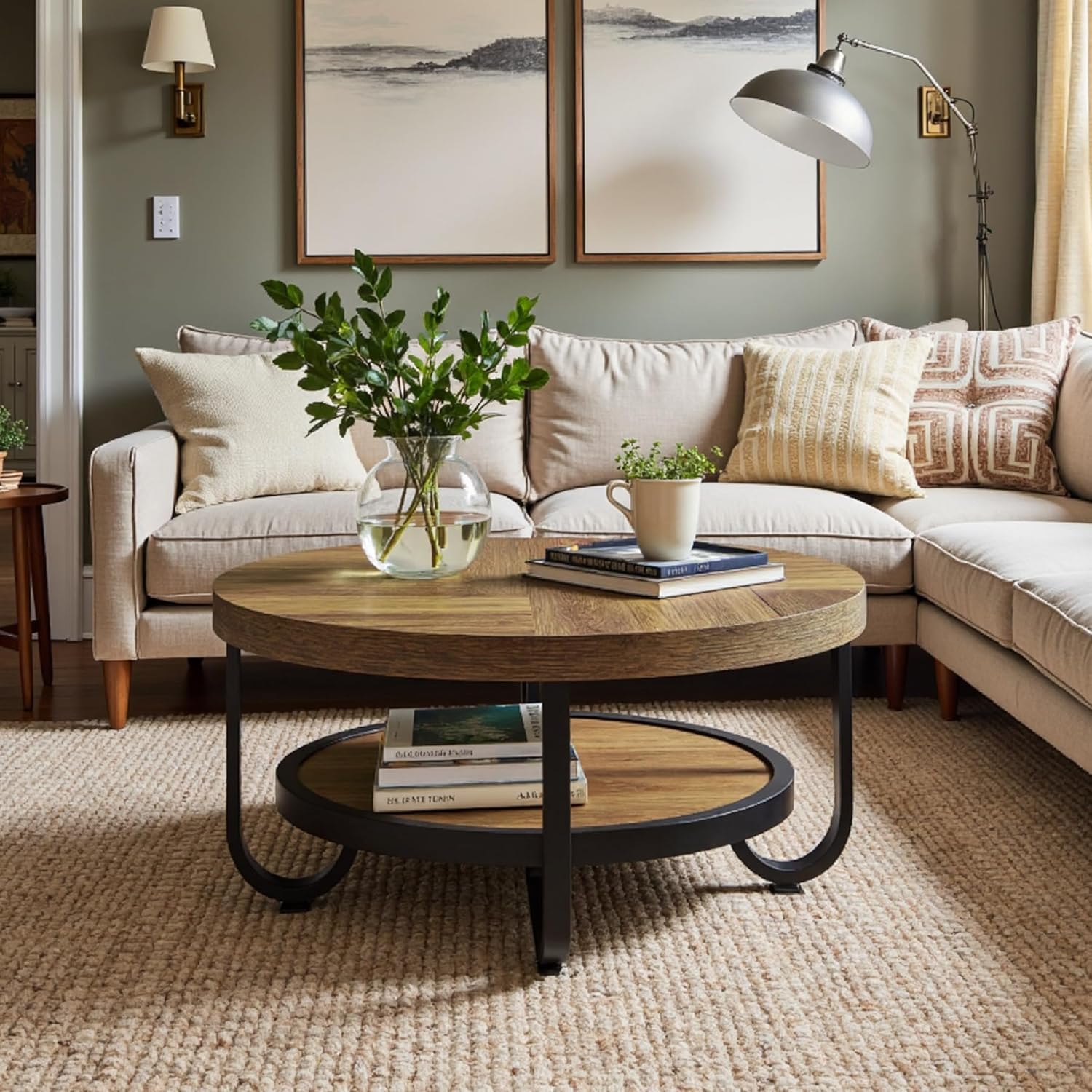 2-Tier Round Coffee Table with Storage, 31.1-Inch Center Cocktail Table