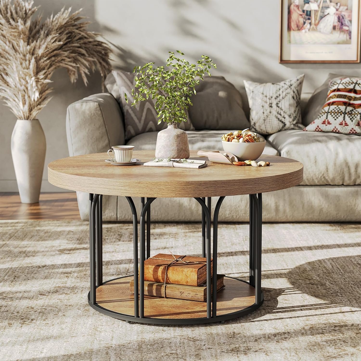 31.5-Inch Round Coffee Table with 2 Tiers and Storage, Farmhouse Wooden Center Table