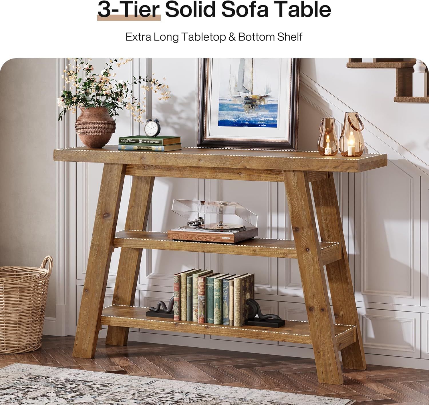 47.24" Solid Wood  Farmhouse Console Table, 3-Tier Shelf Entryway Table for Hallway & Living Room