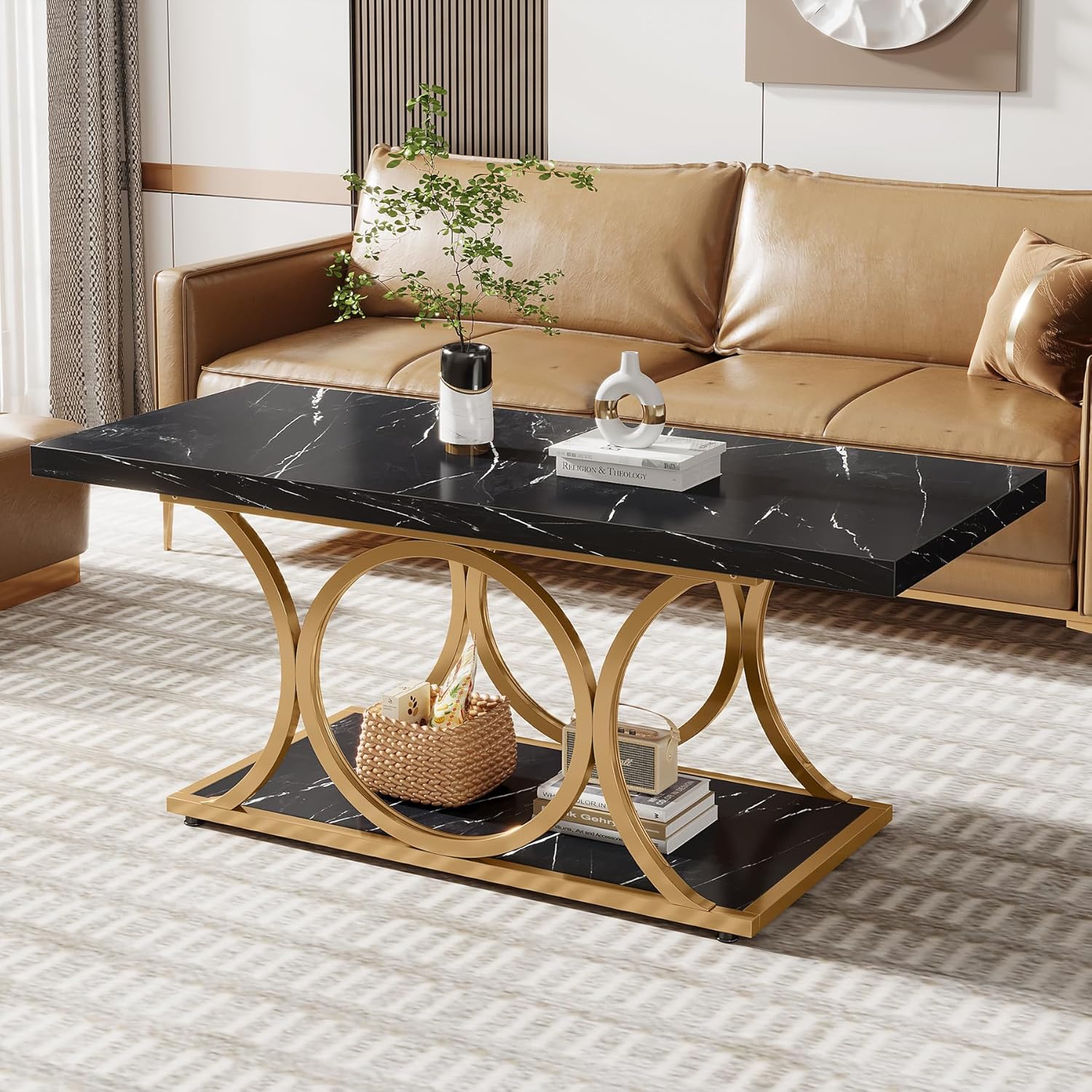 Rectangle Coffee Table, 47.24" Center Table with Faux Marble Top