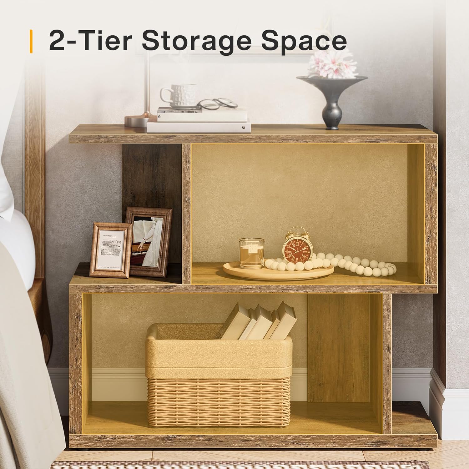 2-Tier End Table, Rustic Sofa Side Table with Storage Shelf for Living Room