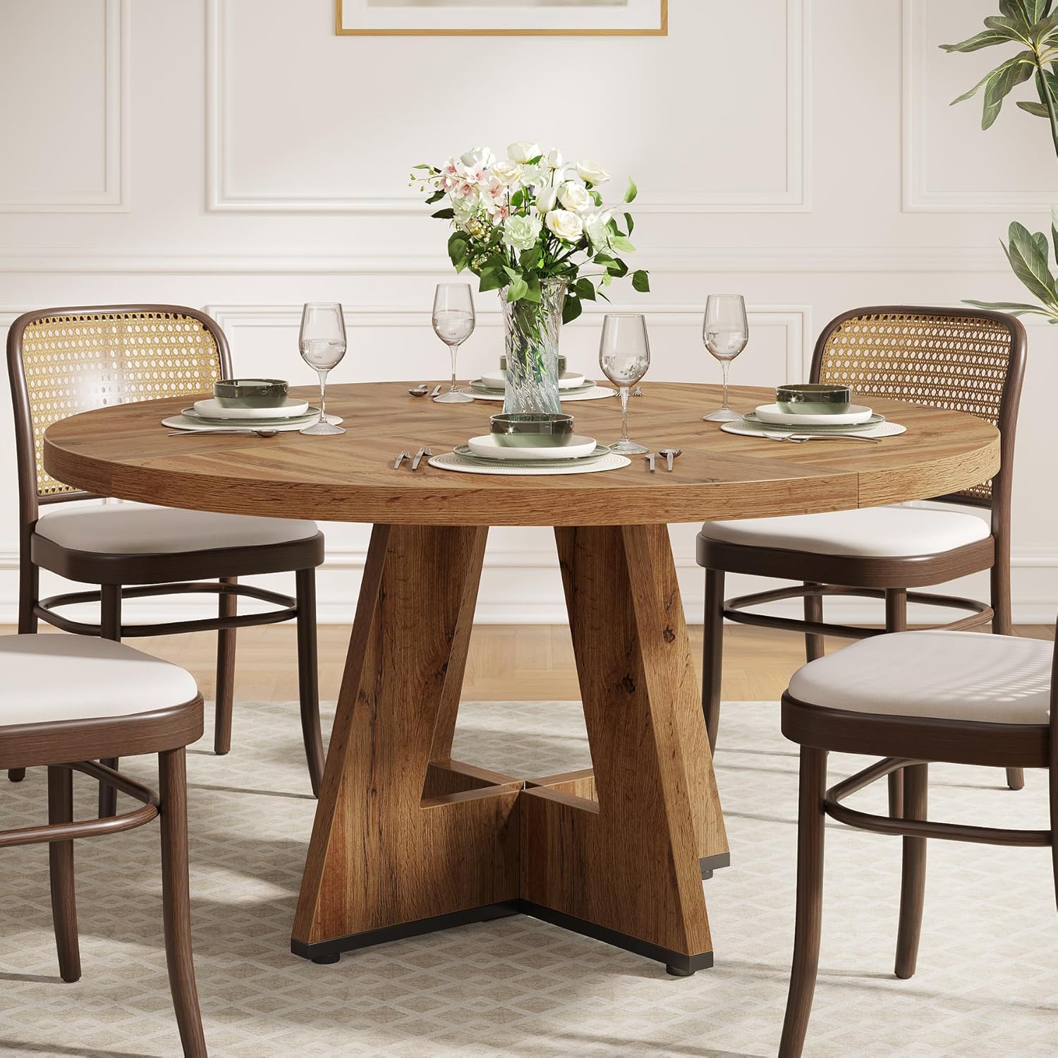 47-Inch Round Dining Table - Wood Kitchen Table for Dining Room and Living Room