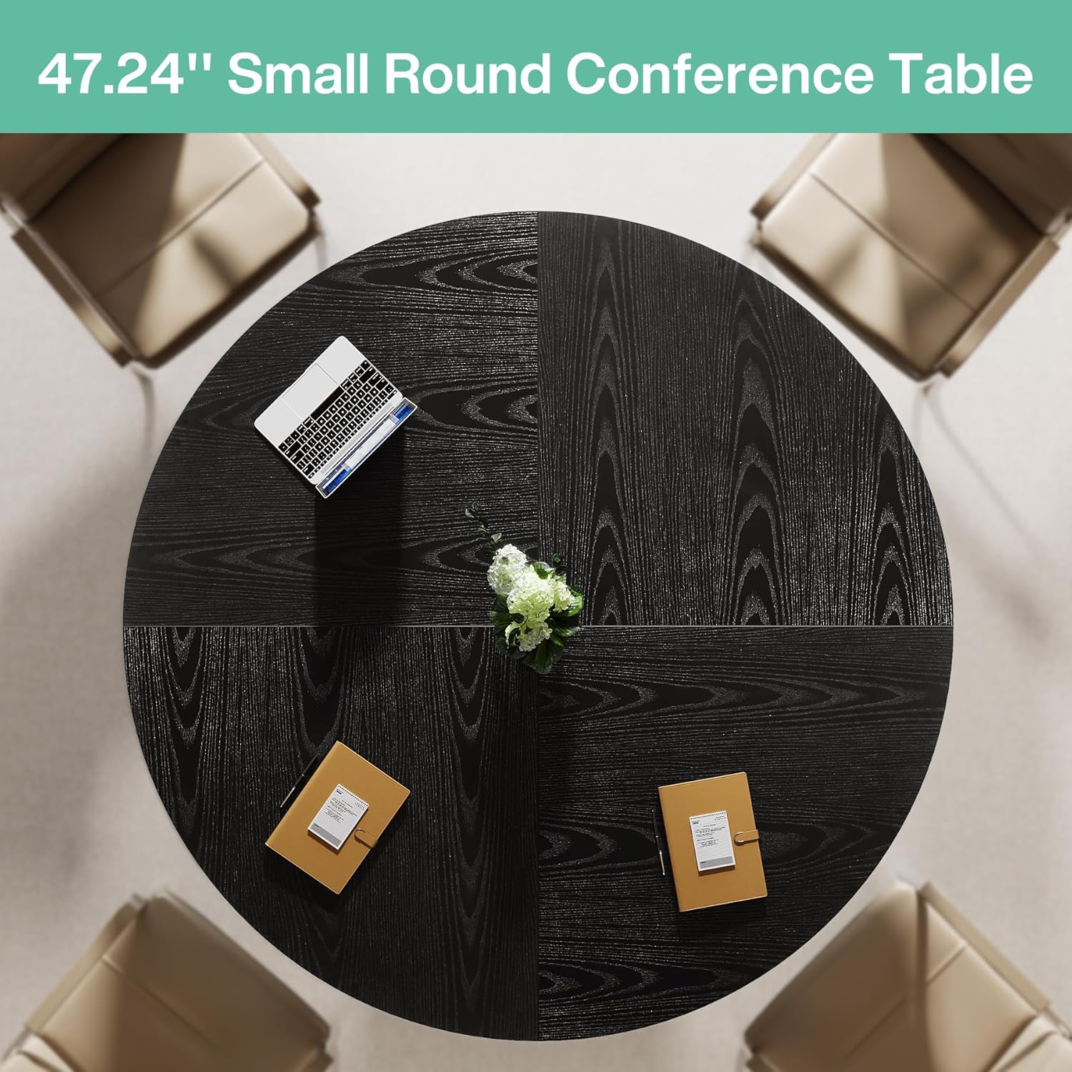 47" Round Conference Table for 4–6 People, Black Meeting Table with Sturdy Metal Base