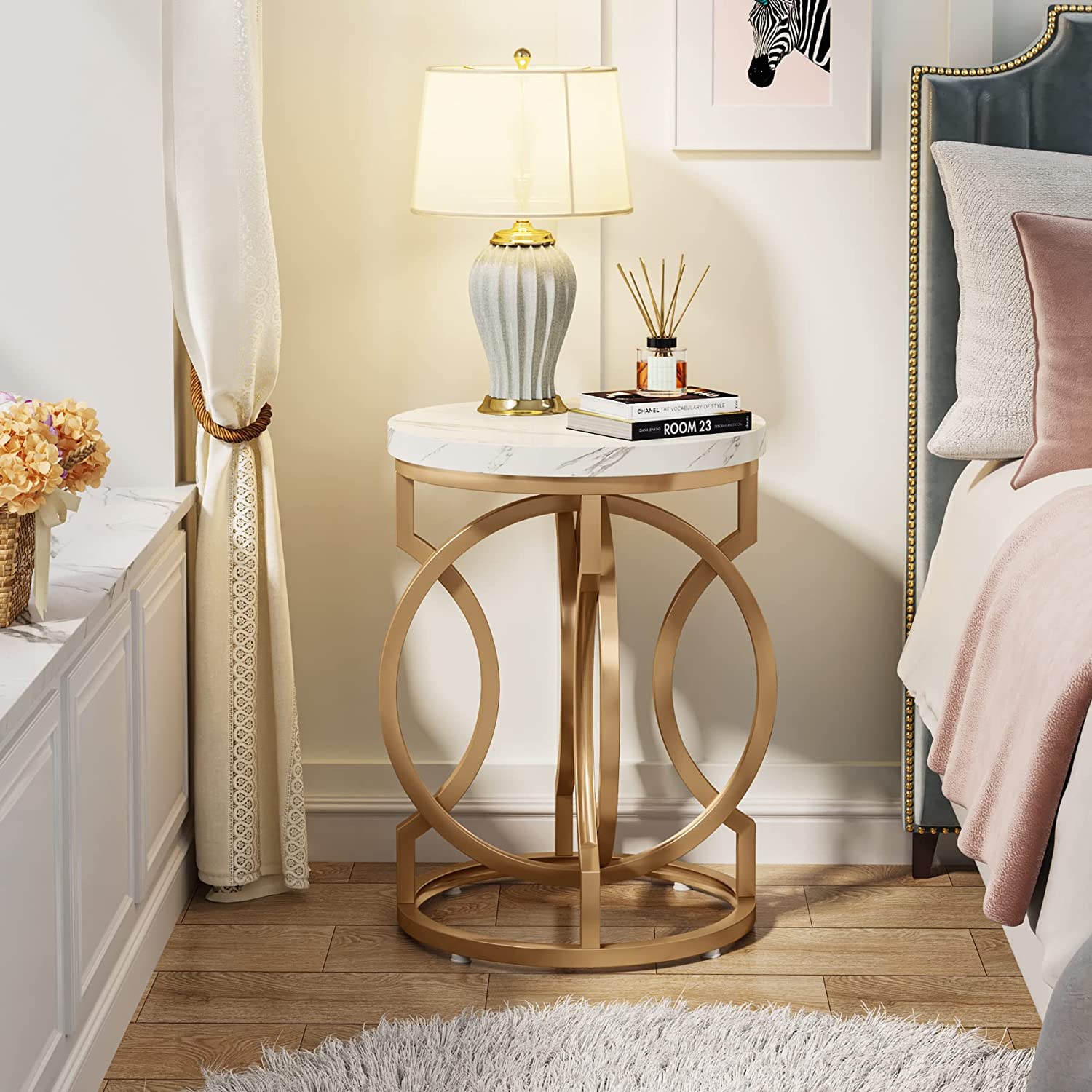 End Table, Round Side Table with Faux Marble Top, Modern Bedside Table Tribesigns