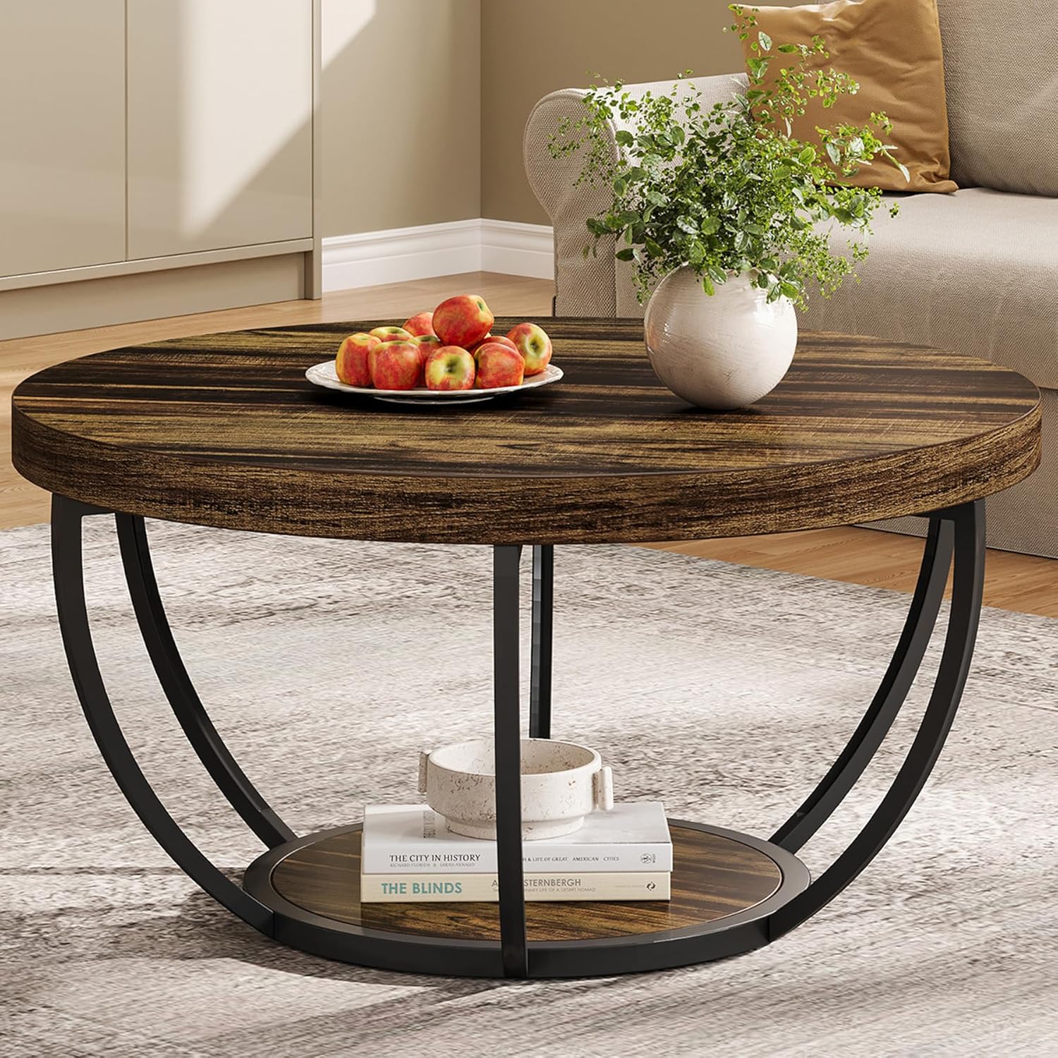 Round Wooden Coffee Table with 2-Tier Shelves