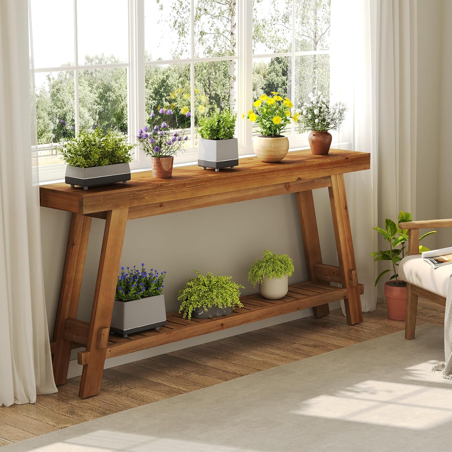 Solid Wood Console Table with Storage, Farmhouse 2-Tier Narrow Sofa Table for Living Room