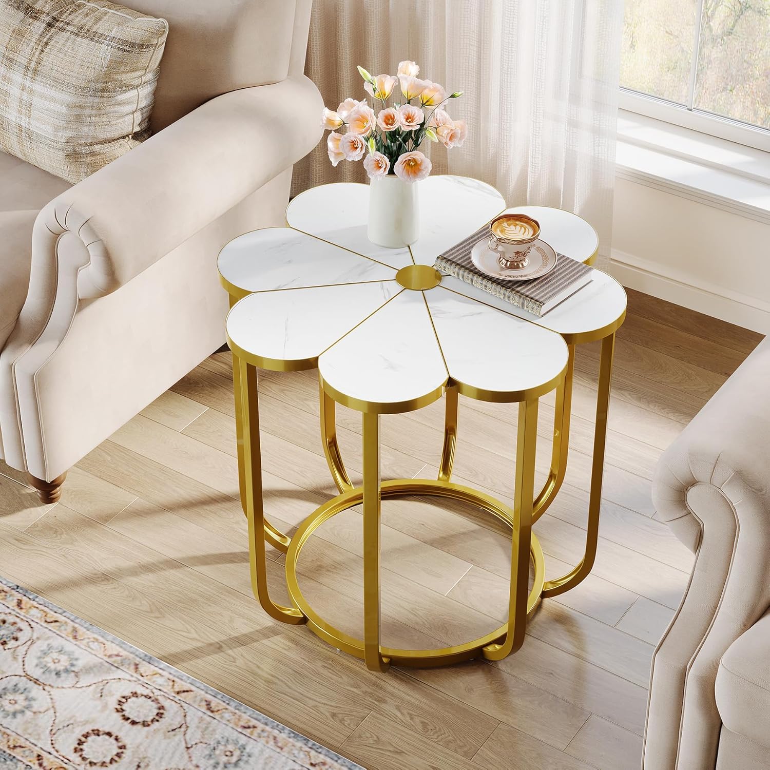 23.6-Inch Flower Side Table, Modern Faux Marble End Table with Gold Metal Frame