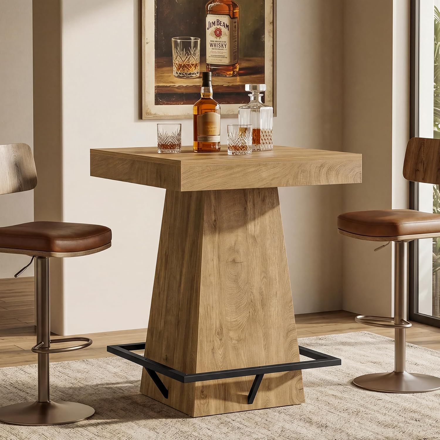 31.5-Inch Square Bar Table with 37.4-Inch Height and Metal Footrest for Dining Room and Bistro