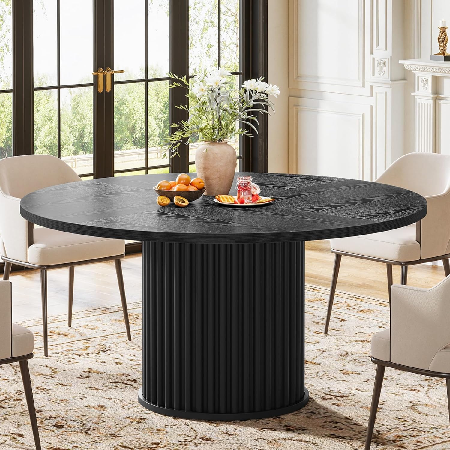 47" Round Dining Table for 4–6 People, Modern Farmhouse Kitchen Table with Fluted Pedestal Base