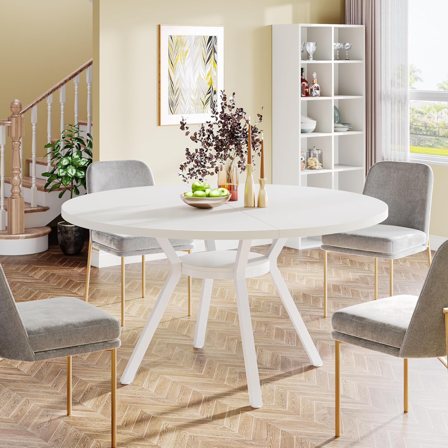Tribesigns 47 Inch Round Dining Table, Modern White Kitchen Table for 6-8 People with Metal Legs for Dining Room