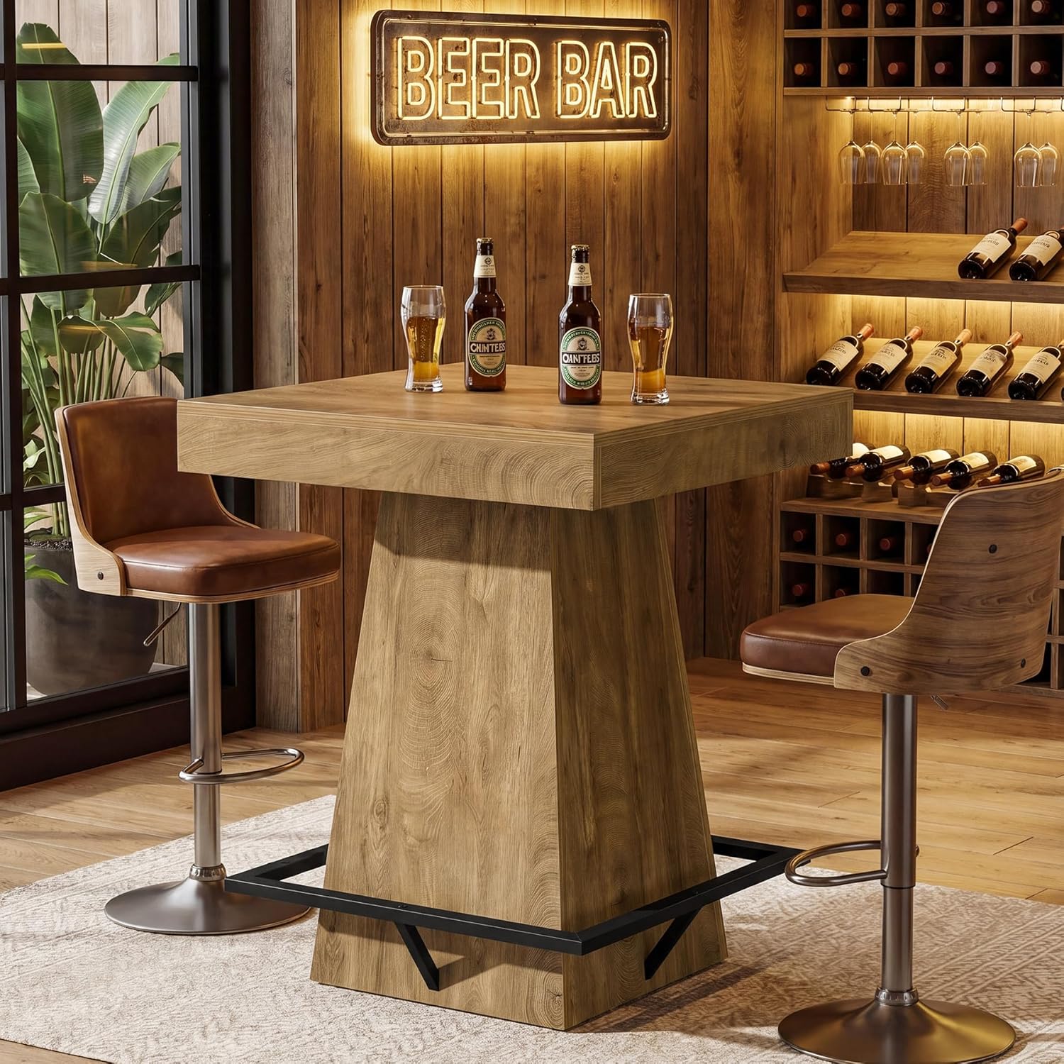 31.5-Inch Square Bar Table with 37.4-Inch Height and Metal Footrest for Dining Room and Bistro