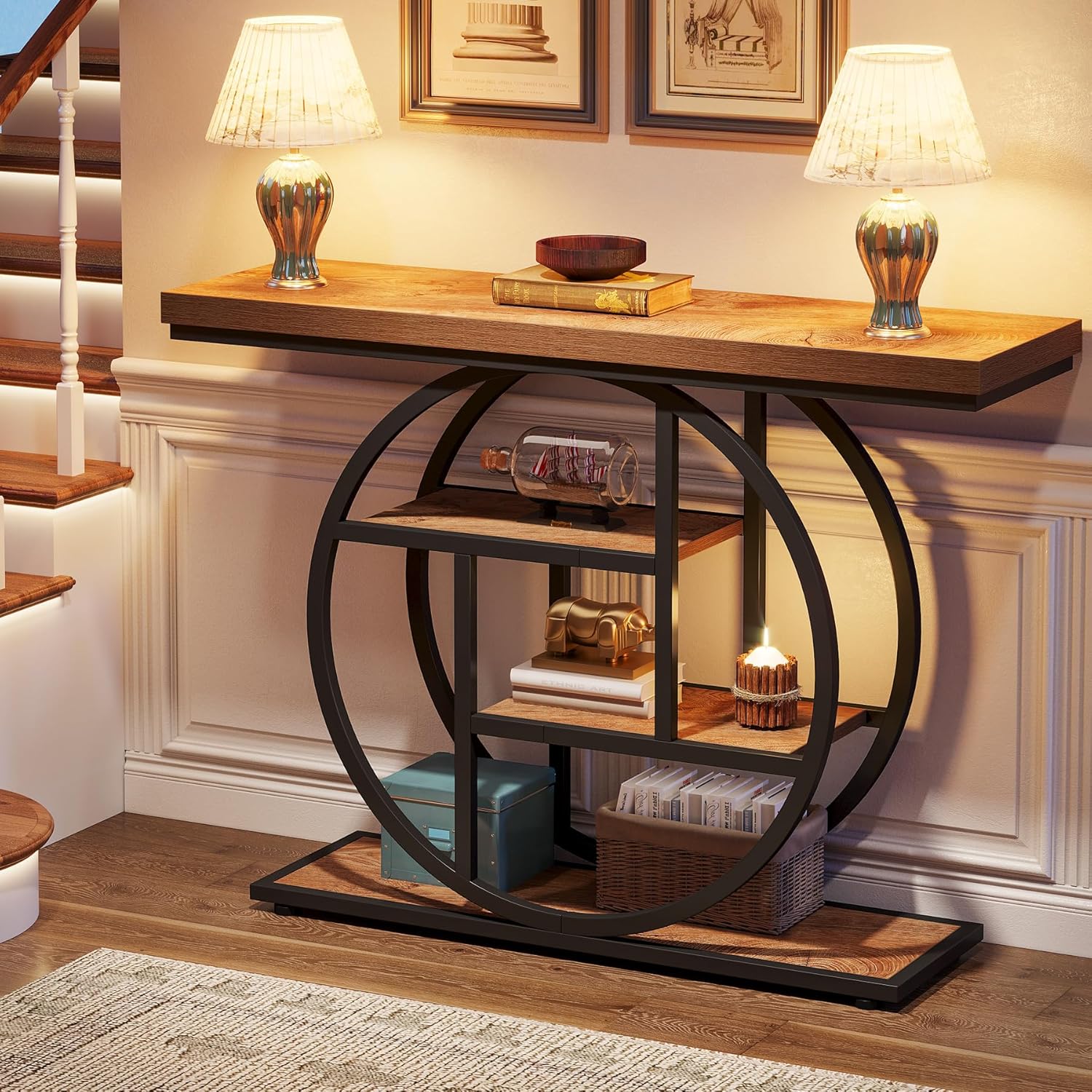 41.3" Console Table, Industrial 4-Tier Sofa Entryway Table with Circle Base