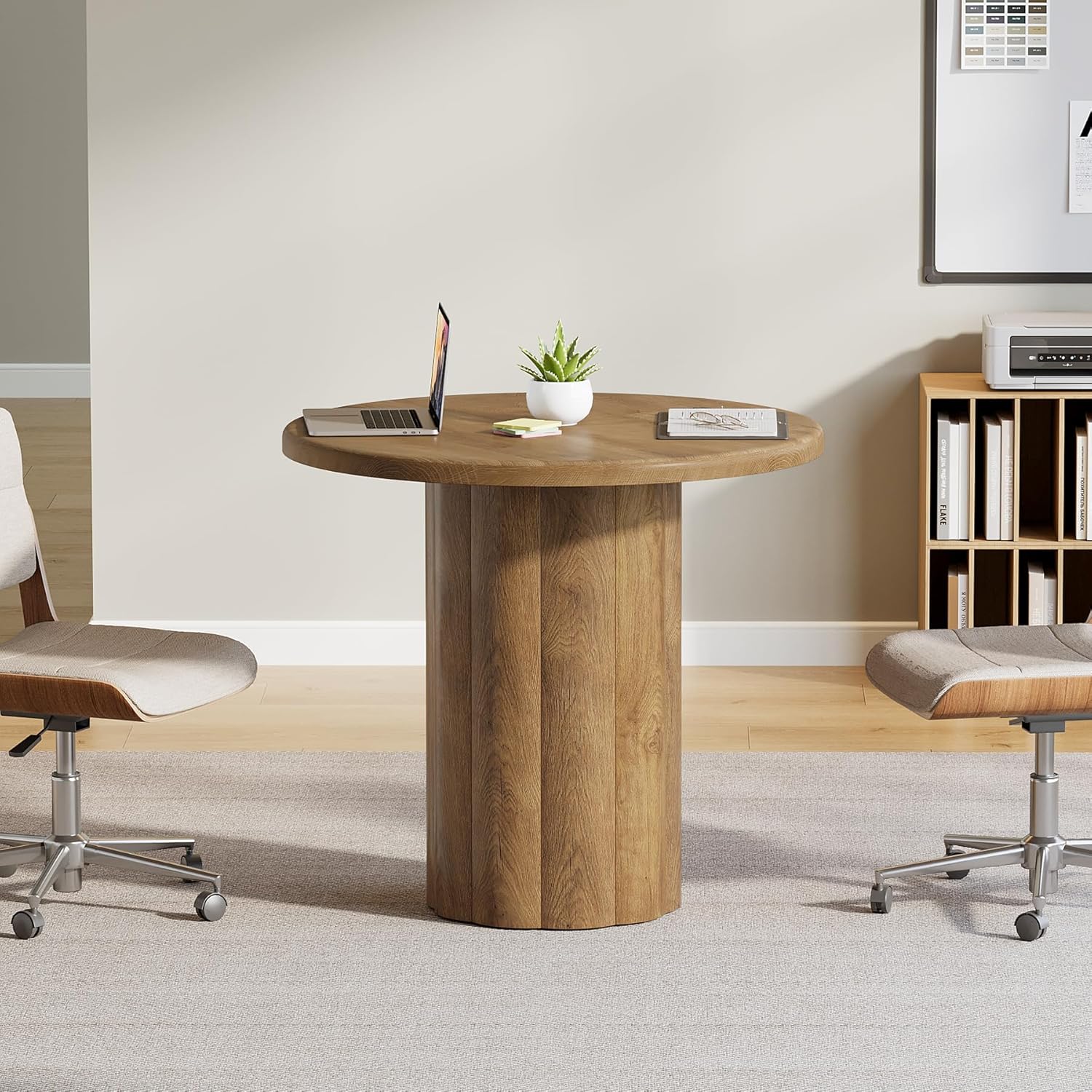 31.5" Round Conference Table - 4-Person Office Desk for Meeting Room & Lounge in Brown