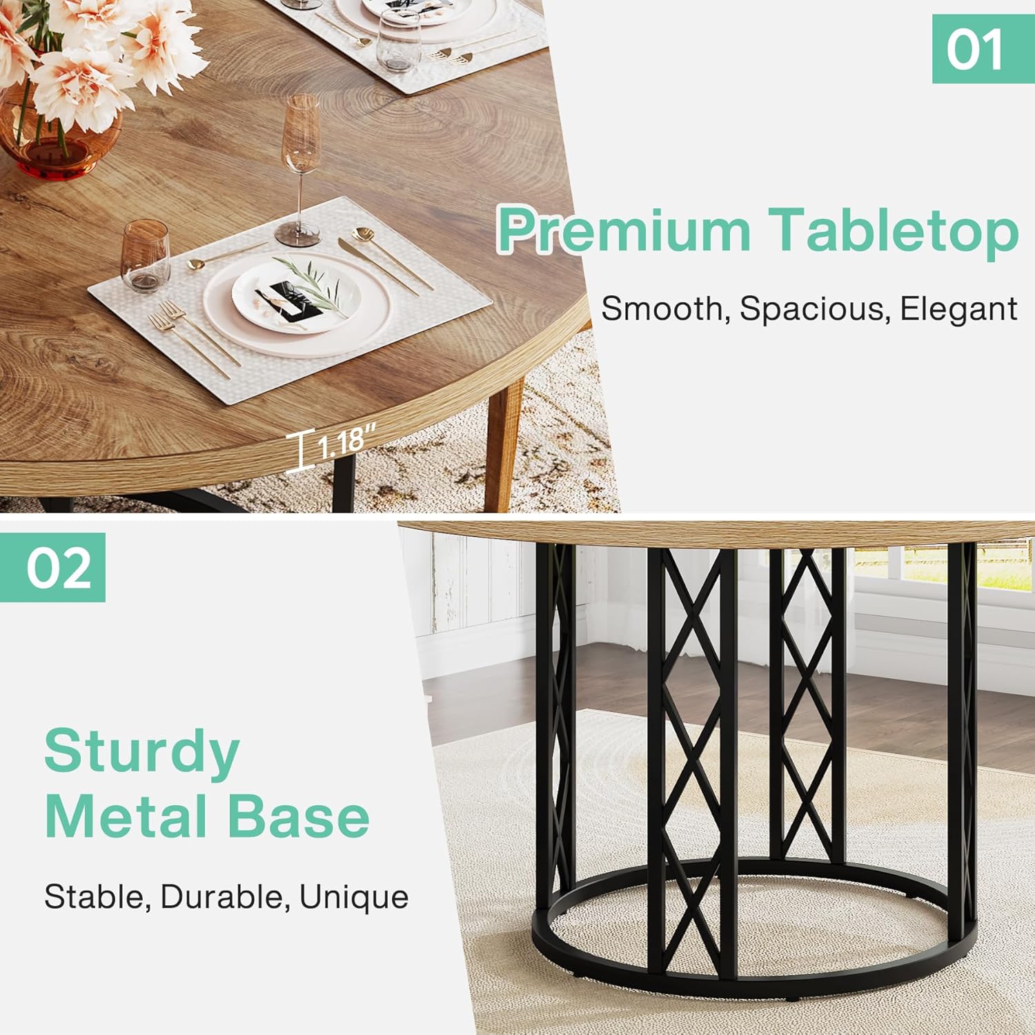 47" Round Dining Table - Rustic Wood Top & Metal Base for 4 People