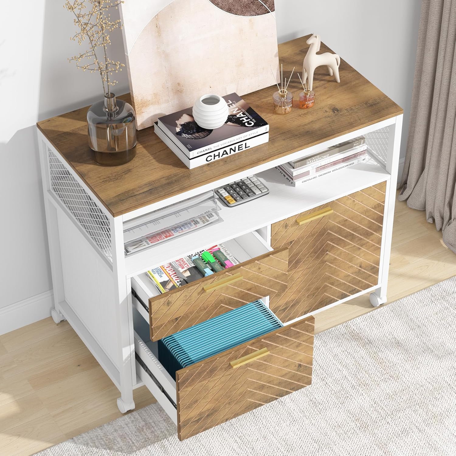 Tribesigns Modern File Cabinet with Drawers, Lateral Filing Cabinet Printer Stand with Storage Shelves and Rolling Casters for Home Office