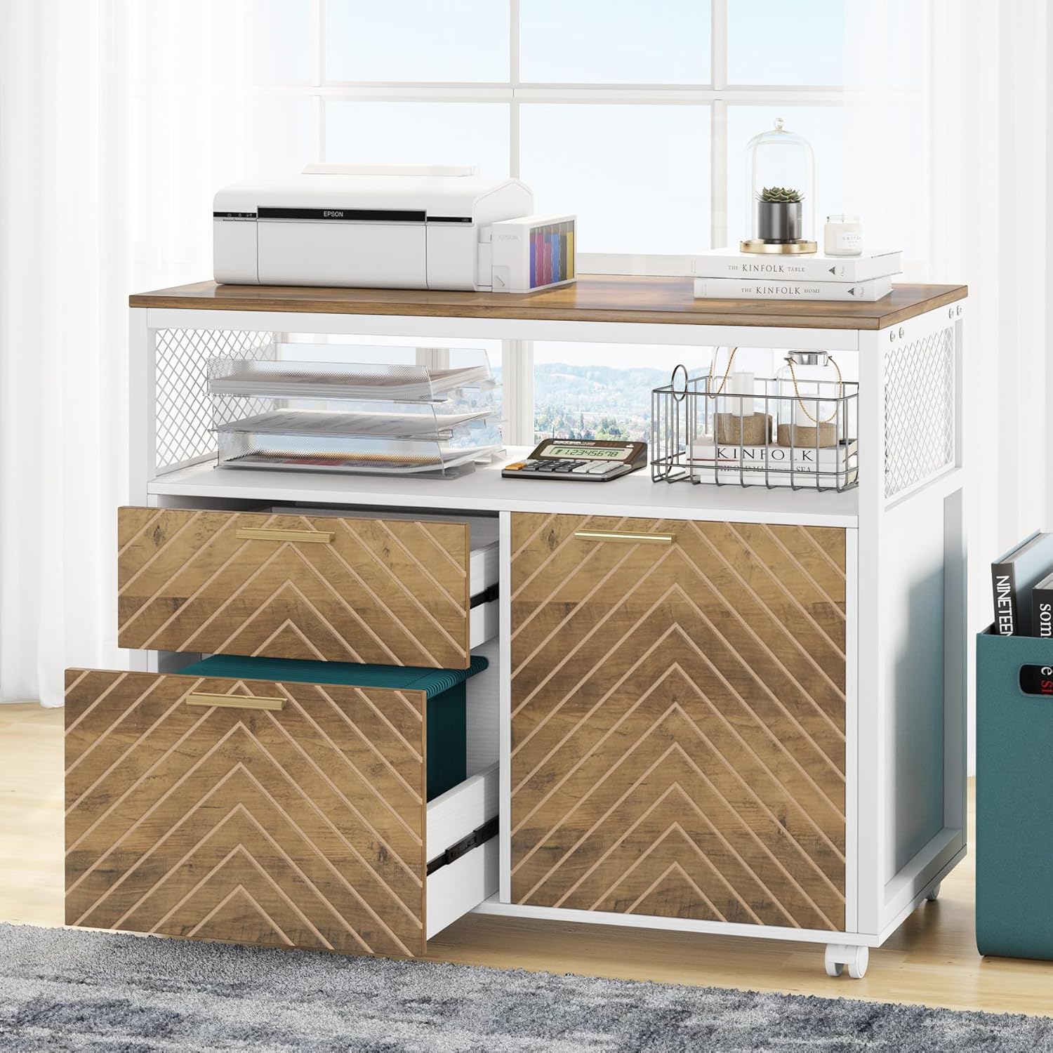 Tribesigns Modern File Cabinet with Drawers, Lateral Filing Cabinet Printer Stand with Storage Shelves and Rolling Casters for Home Office