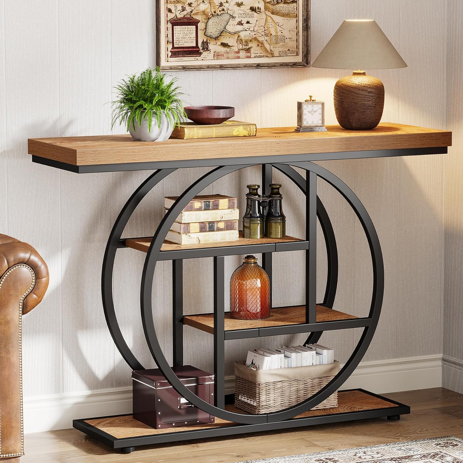 41.3" Console Table, Industrial 4-Tier Sofa Entryway Table with Circle Base