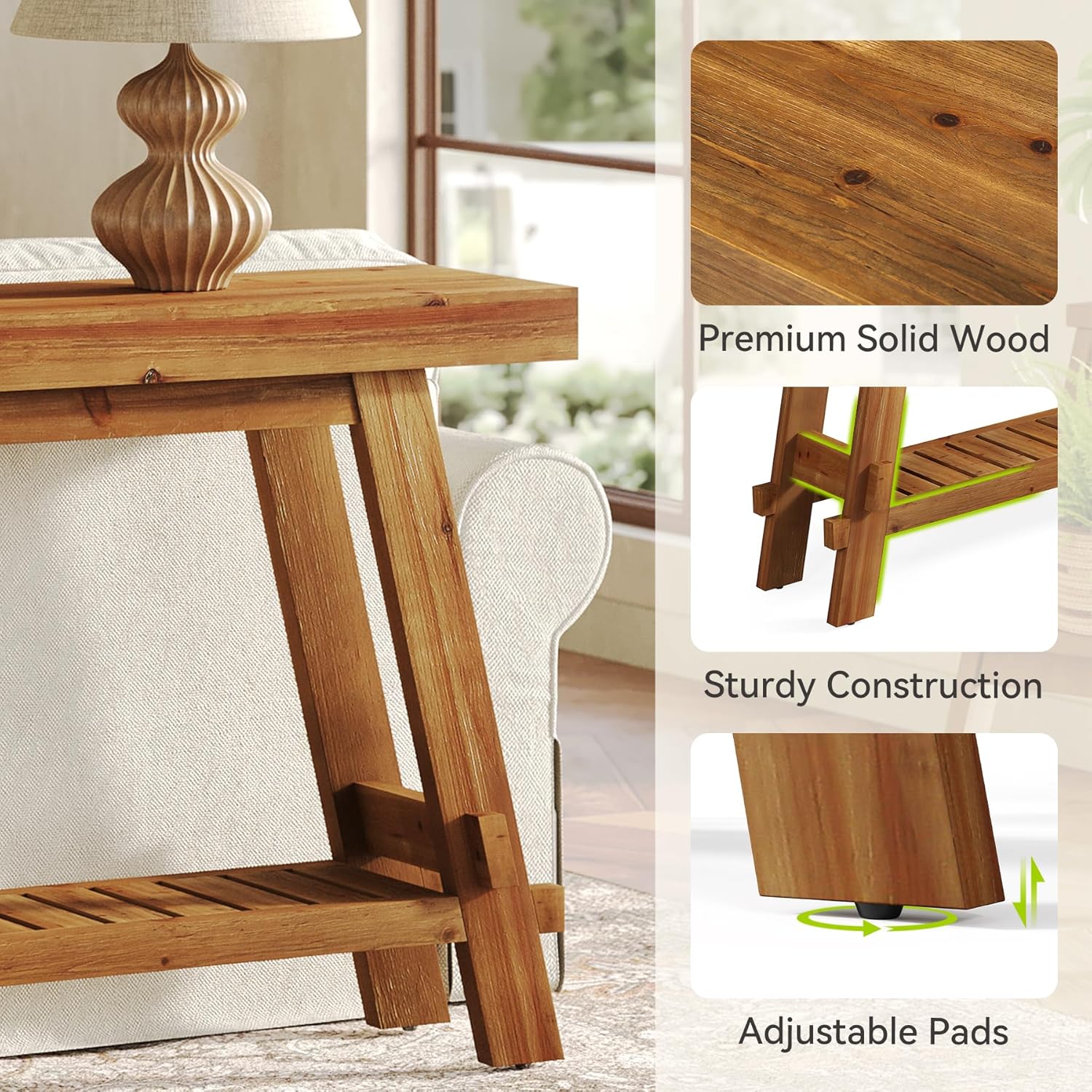 Solid Wood Console Table with Storage, Farmhouse 2-Tier Narrow Sofa Table for Living Room