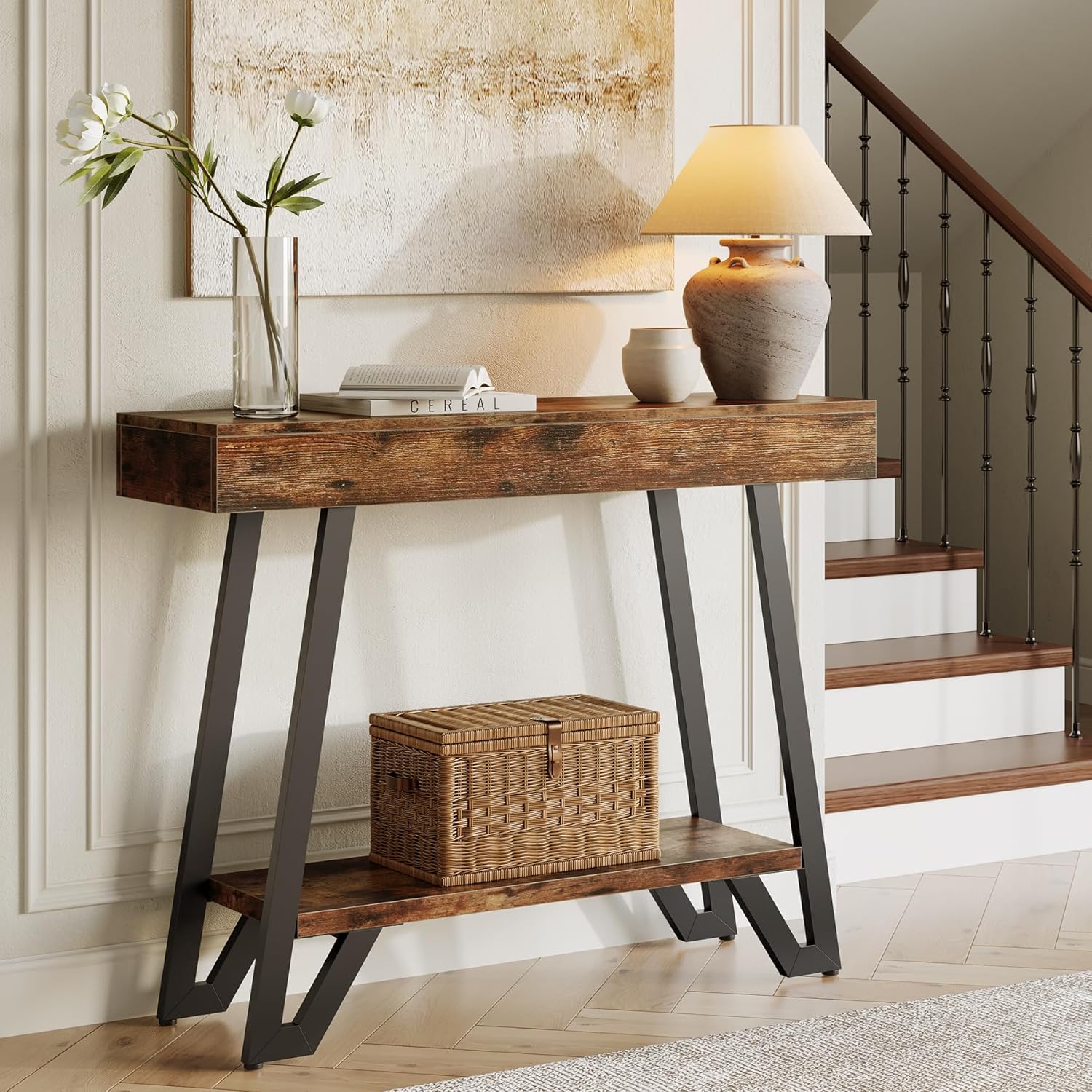 41" Rustic Industrial Console Table with Metal Frame, 2-Tier Storage Shelf for Entryway & Living Room