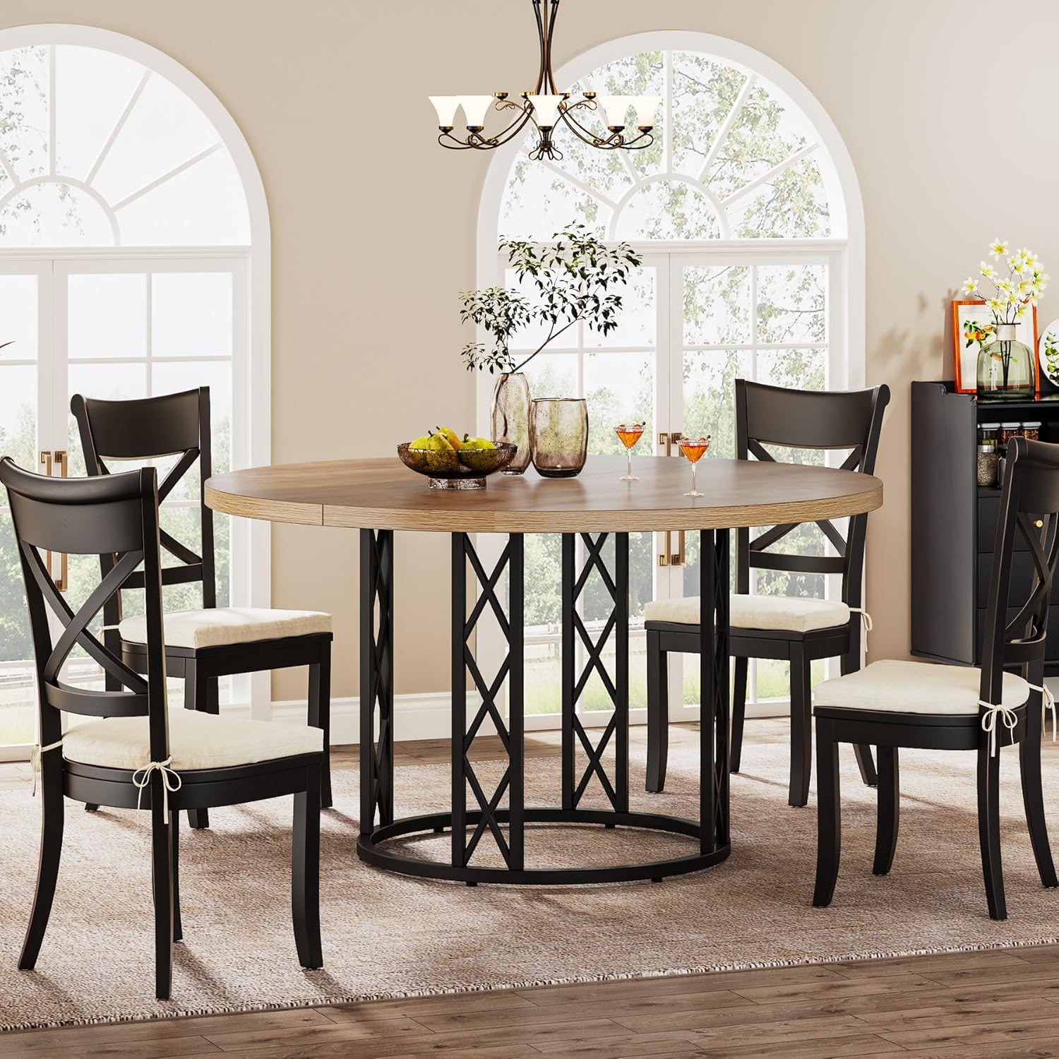 47" Round Dining Table - Rustic Wood Top & Metal Base for 4 People