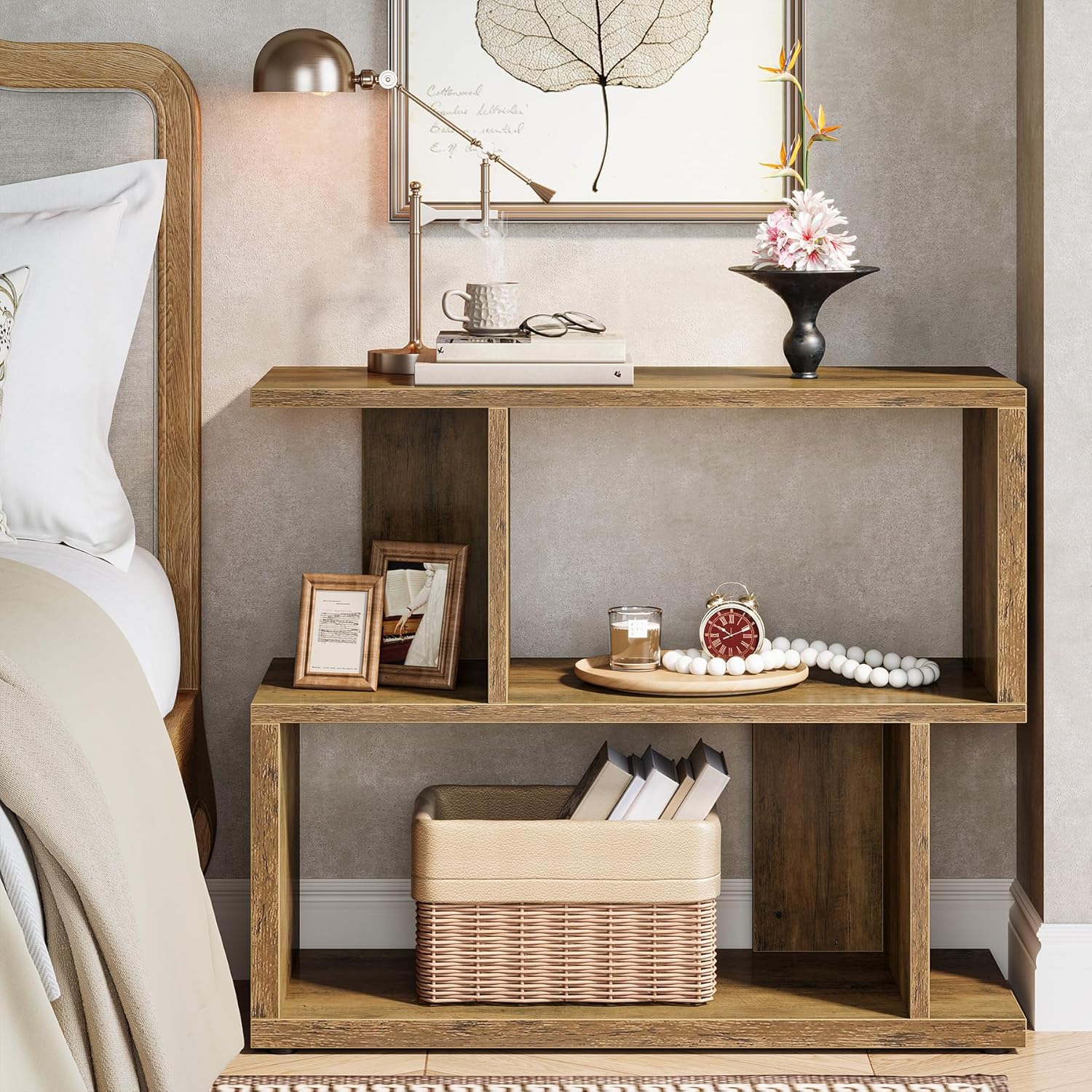 2-Tier End Table, Rustic Sofa Side Table with Storage Shelf for Living Room