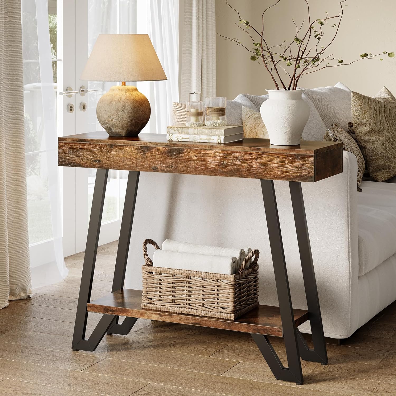 41" Rustic Industrial Console Table with Metal Frame, 2-Tier Storage Shelf for Entryway & Living Room