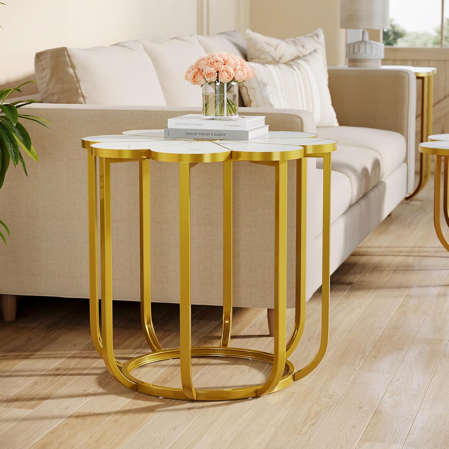 23.6-Inch Flower Side Table, Modern Faux Marble End Table with Gold Metal Frame