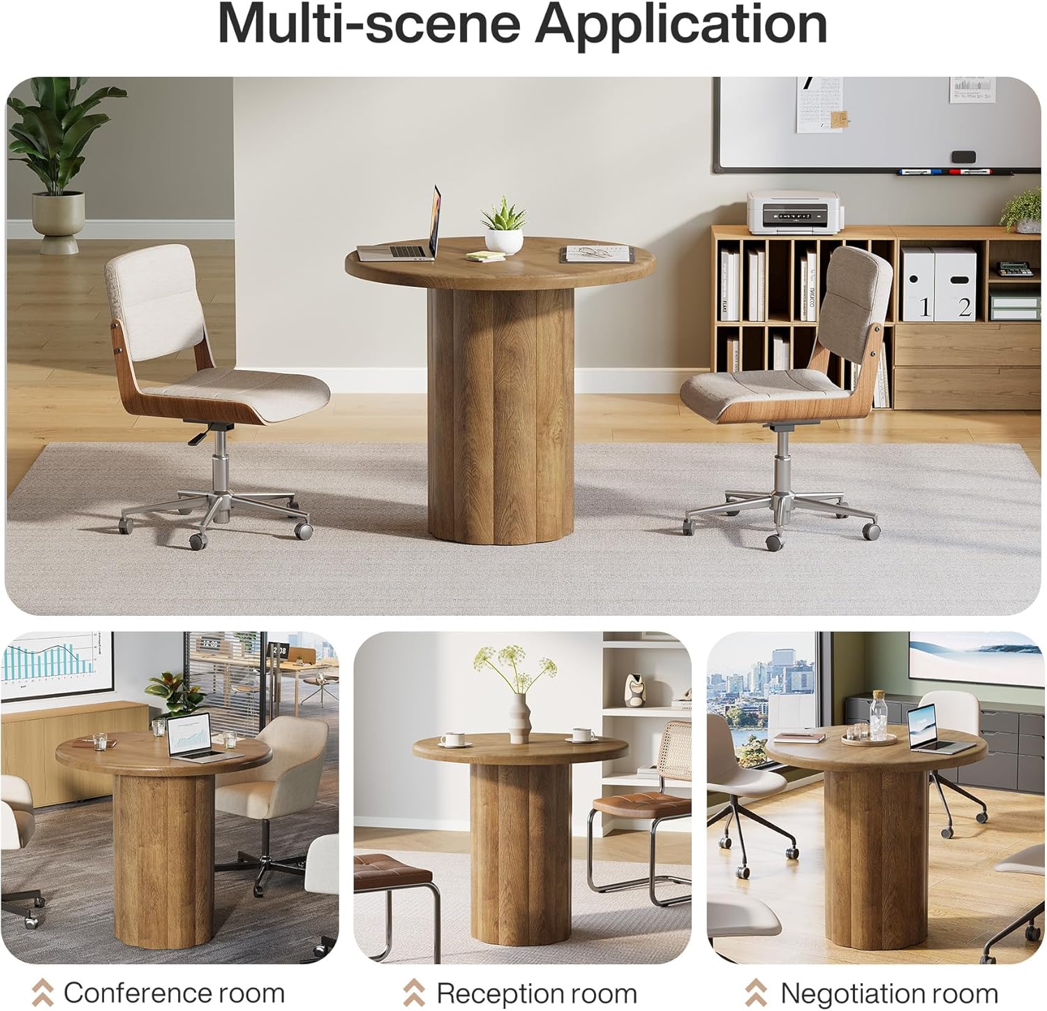 31.5" Round Conference Table - 4-Person Office Desk for Meeting Room & Lounge in Brown