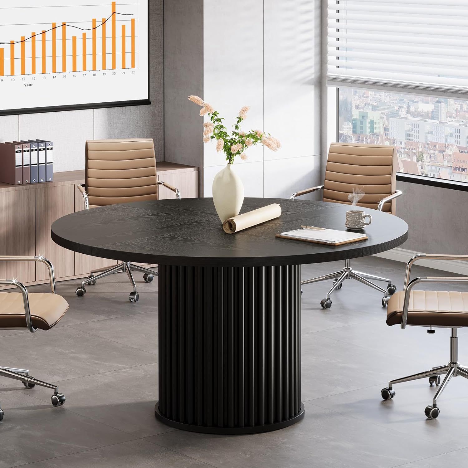 47" Round Conference Table for 4–6 People, Black Meeting Table with Sturdy Metal Base