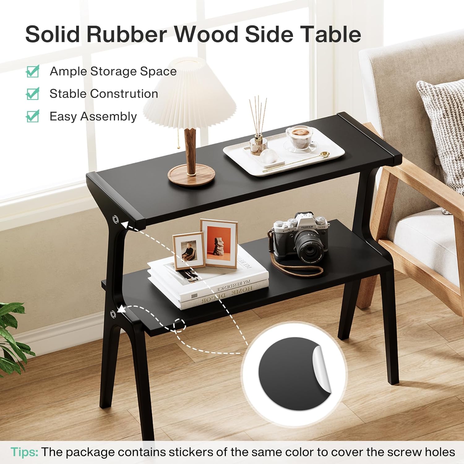 2-Tier End Table, Slim Sofa Side Table with Storage Shelf