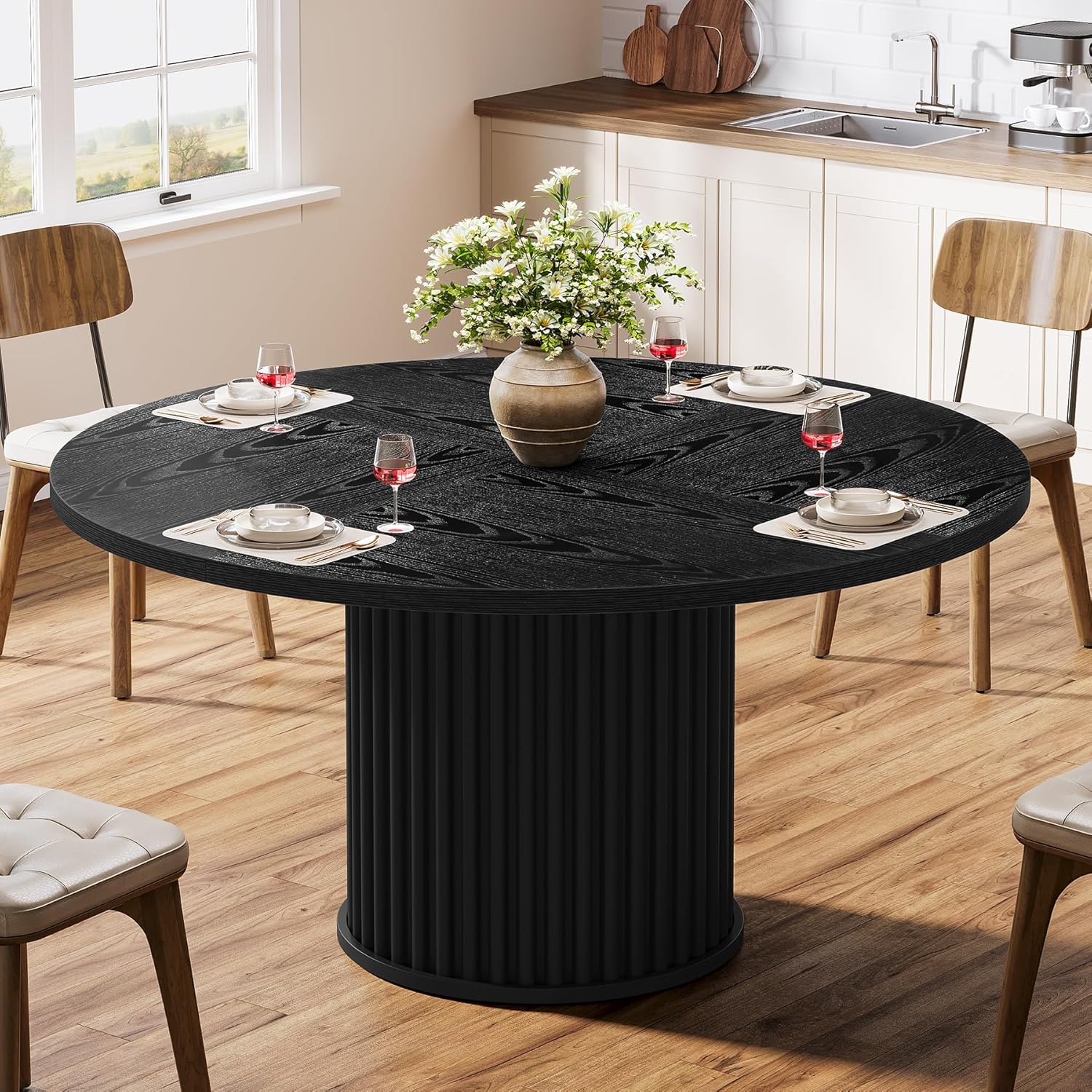 47" Round Dining Table for 4–6 People, Modern Farmhouse Kitchen Table with Fluted Pedestal Base