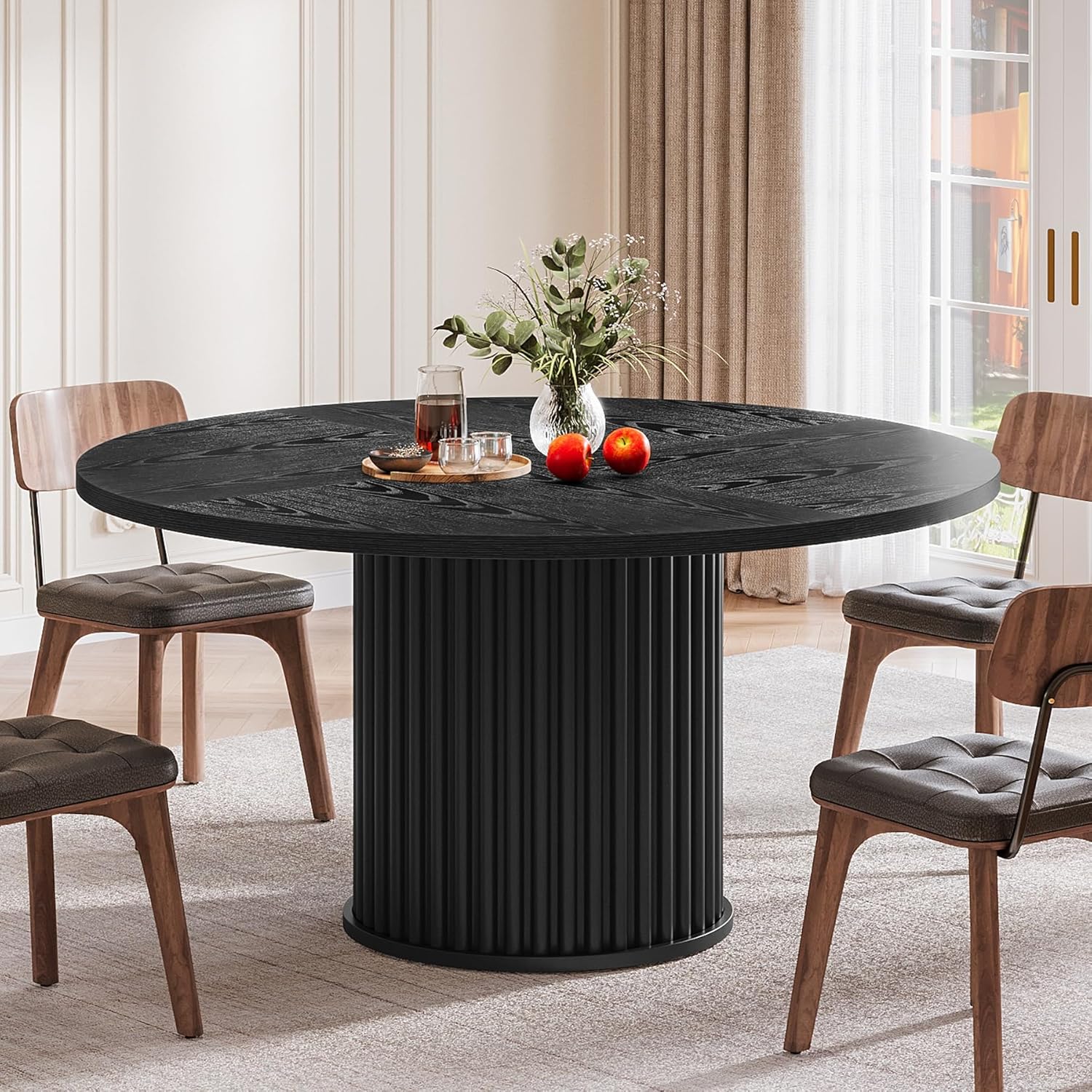 47" Round Dining Table for 4–6 People, Modern Farmhouse Kitchen Table with Fluted Pedestal Base