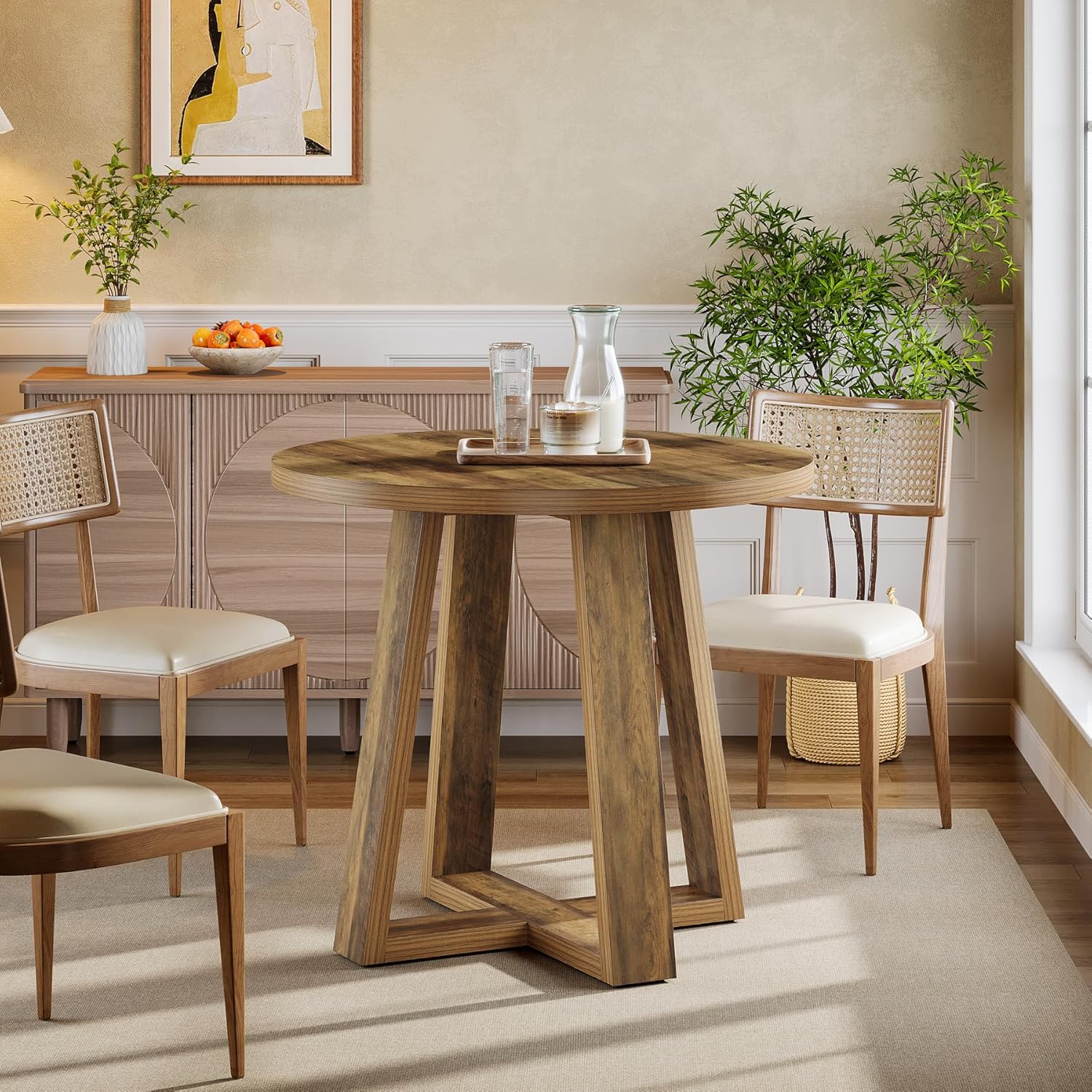 31.5" Round Farmhouse Dining Table - Rustic Brown Kitchen Table for Small Spaces
