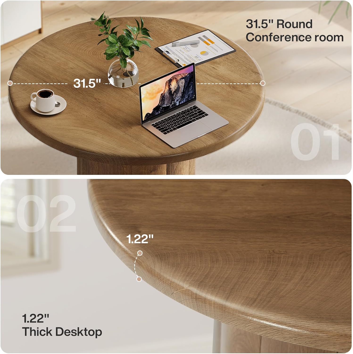31.5" Round Conference Table - 4-Person Office Desk for Meeting Room & Lounge in Brown