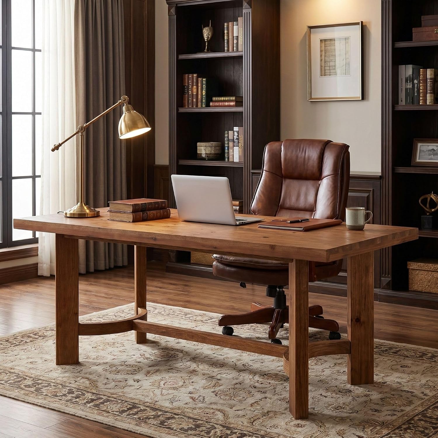Tribesigns 63 Inch Solid Fir Wood Executive Desk with Crossbar, Oval Workstation for Home Office