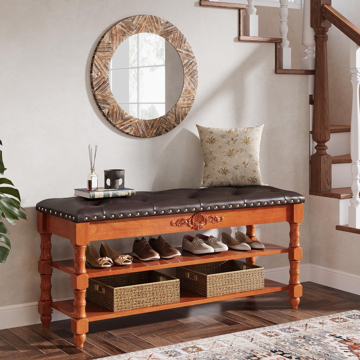 39-Inch Solid Wood Storage Bench with Lift-Top, Entryway Shoe Bench and Organizer with Hidden Compartment