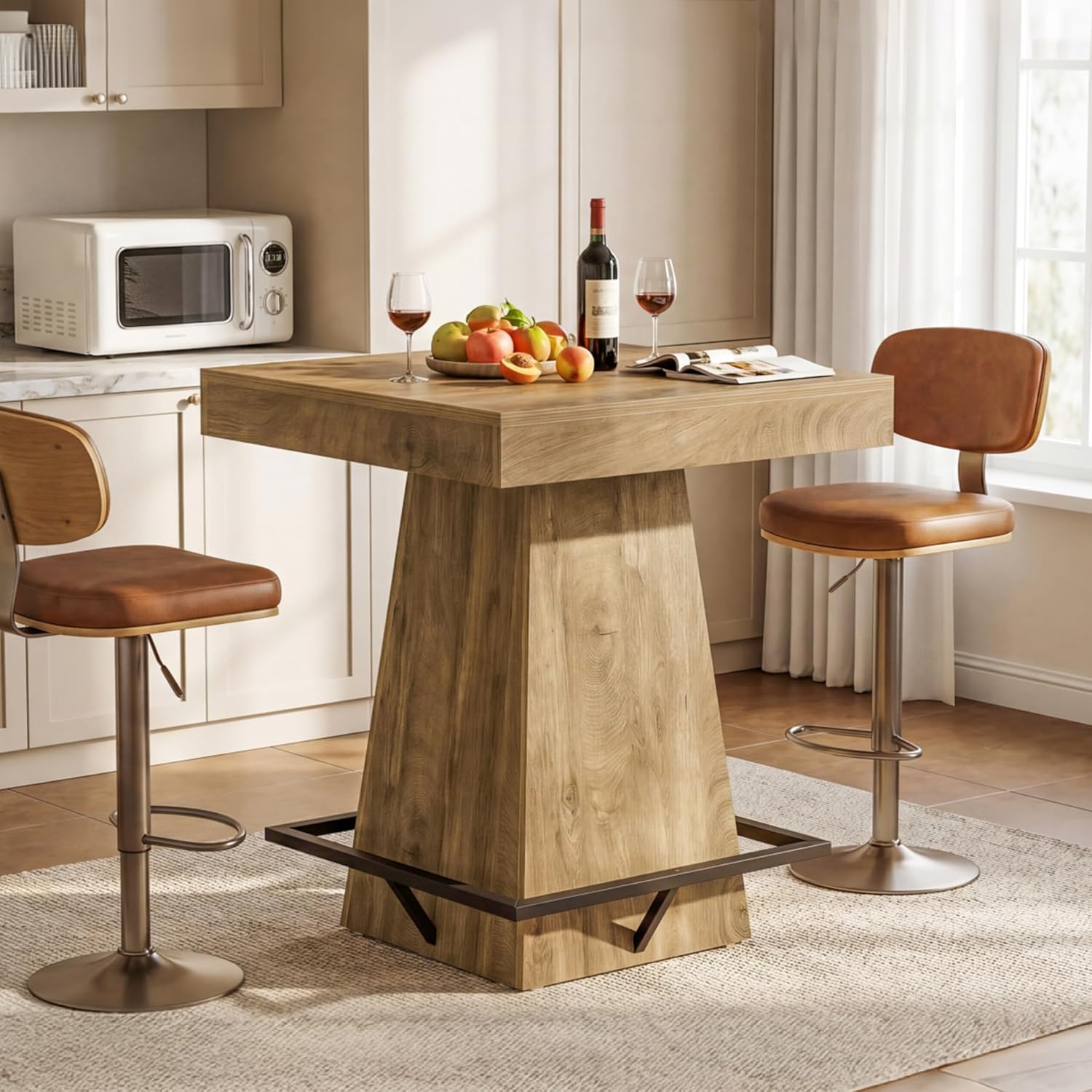 31.5-Inch Square Bar Table with 37.4-Inch Height and Metal Footrest for Dining Room and Bistro