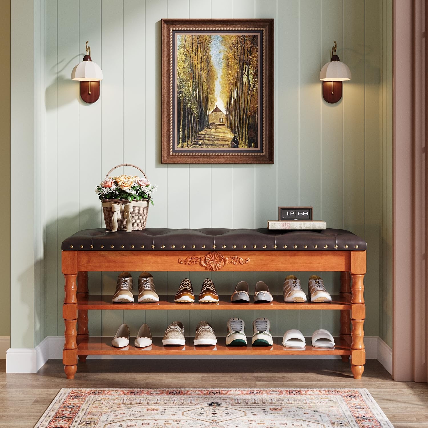 39-Inch Solid Wood Storage Bench with Lift-Top, Entryway Shoe Bench and Organizer with Hidden Compartment