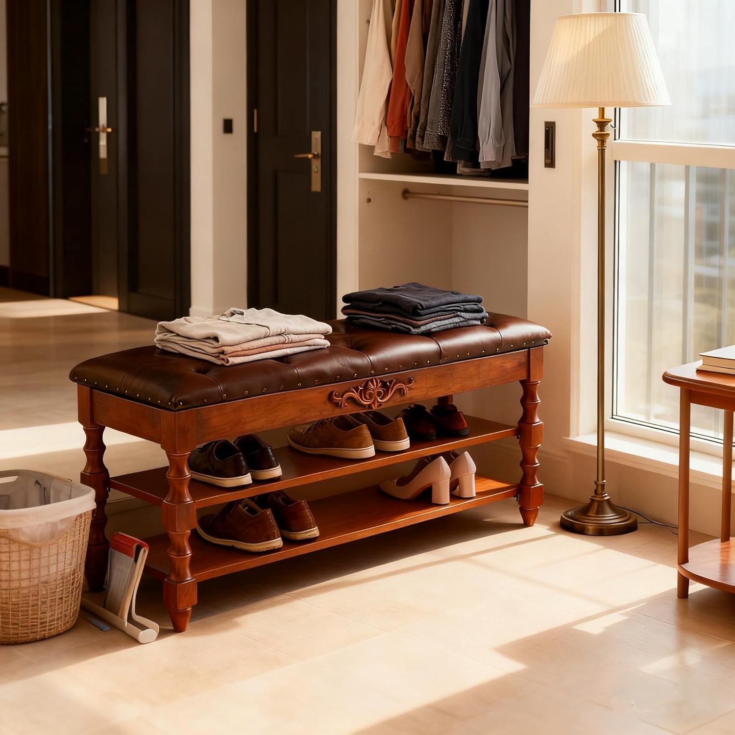 39-Inch Solid Wood Storage Bench with Lift-Top, Entryway Shoe Bench and Organizer with Hidden Compartment