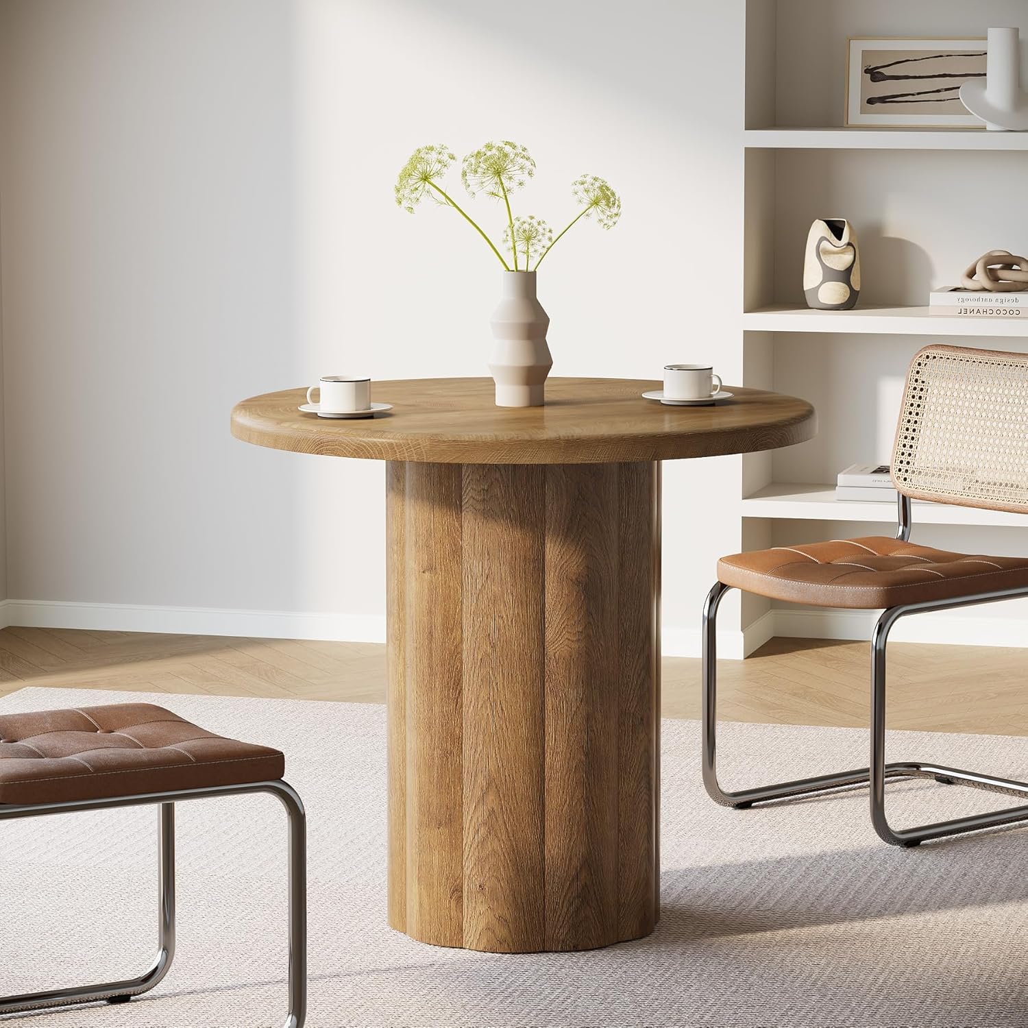31.5" Round Conference Table - 4-Person Office Desk for Meeting Room & Lounge in Brown