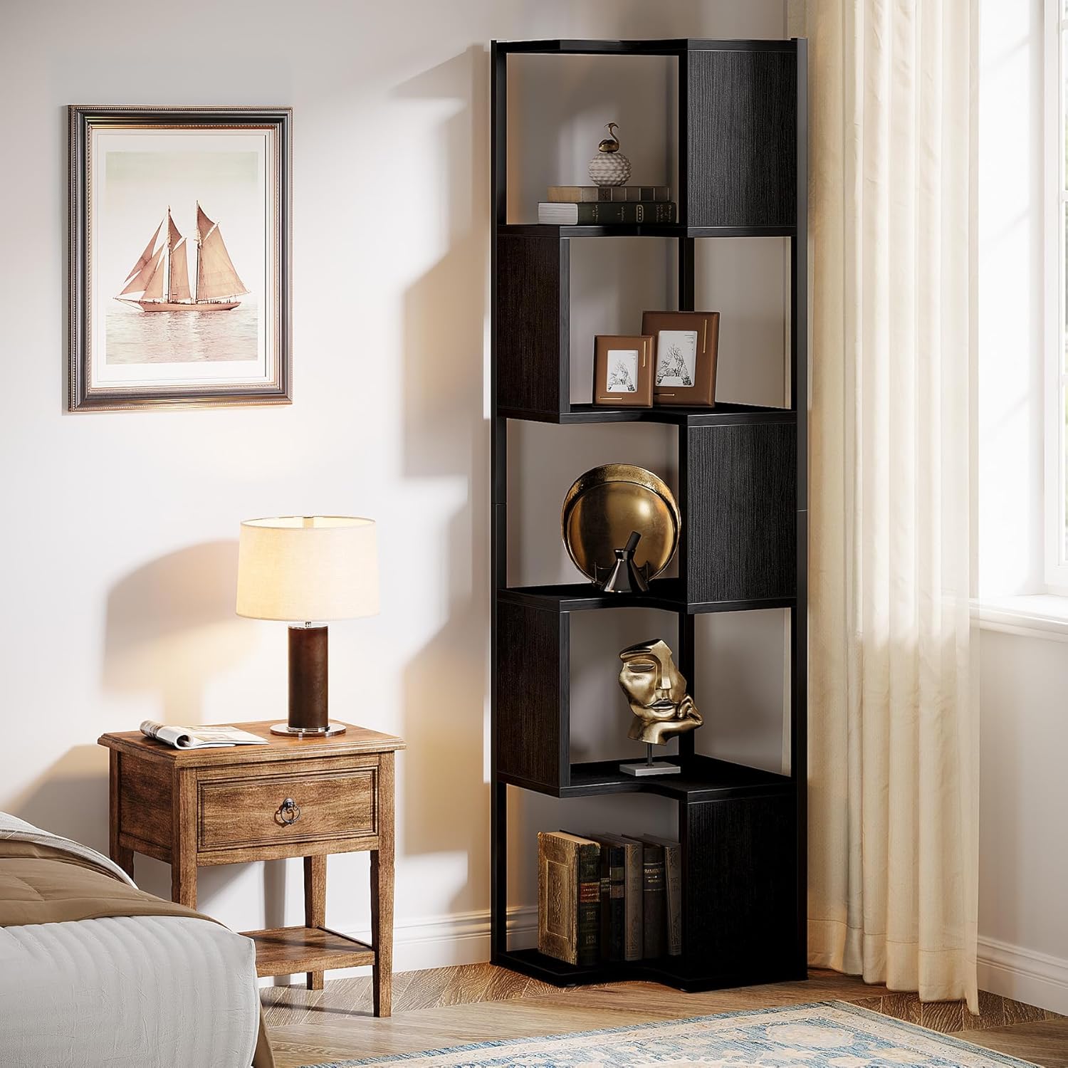 6-Tier Small Corner Bookshelf，Display Rack with Metal Frame
