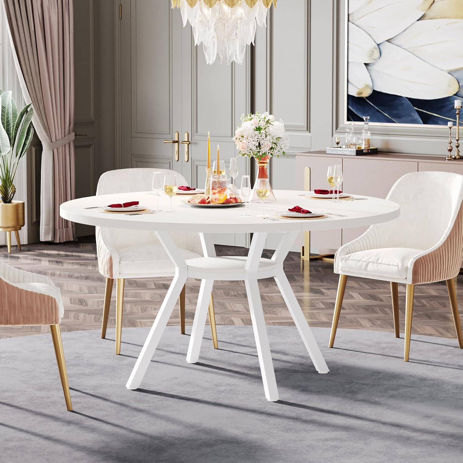 Tribesigns 47 Inch Round Dining Table, Modern White Kitchen Table for 6-8 People with Metal Legs for Dining Room