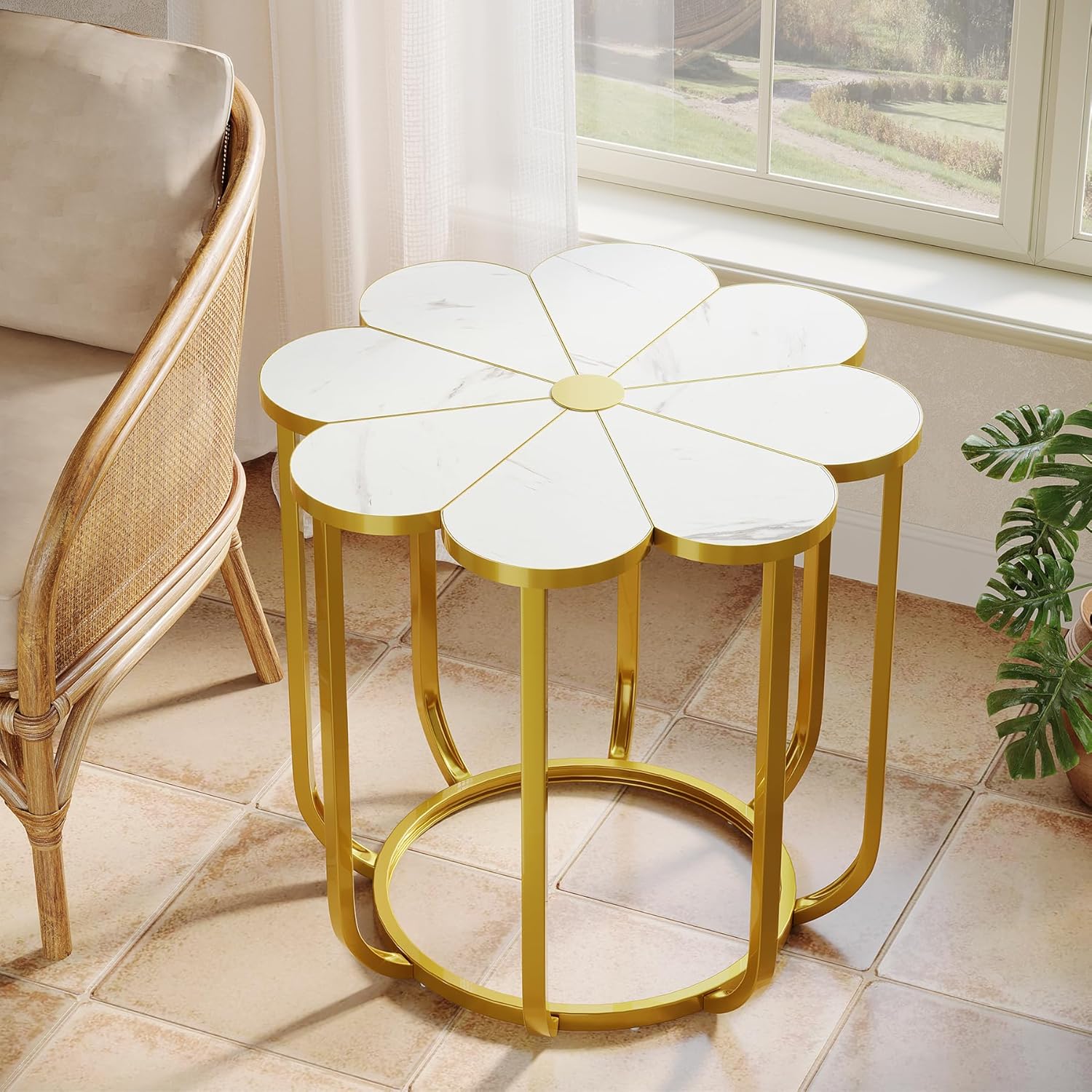 23.6-Inch Flower Side Table, Modern Faux Marble End Table with Gold Metal Frame