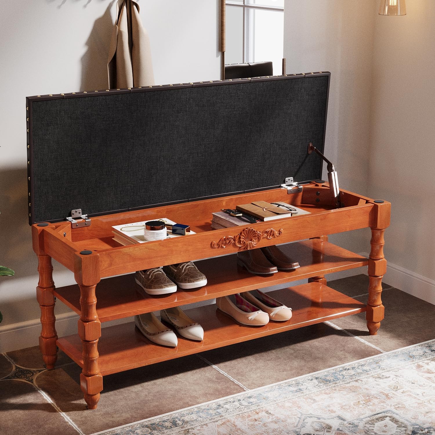 39-Inch Solid Wood Storage Bench with Lift-Top, Entryway Shoe Bench and Organizer with Hidden Compartment