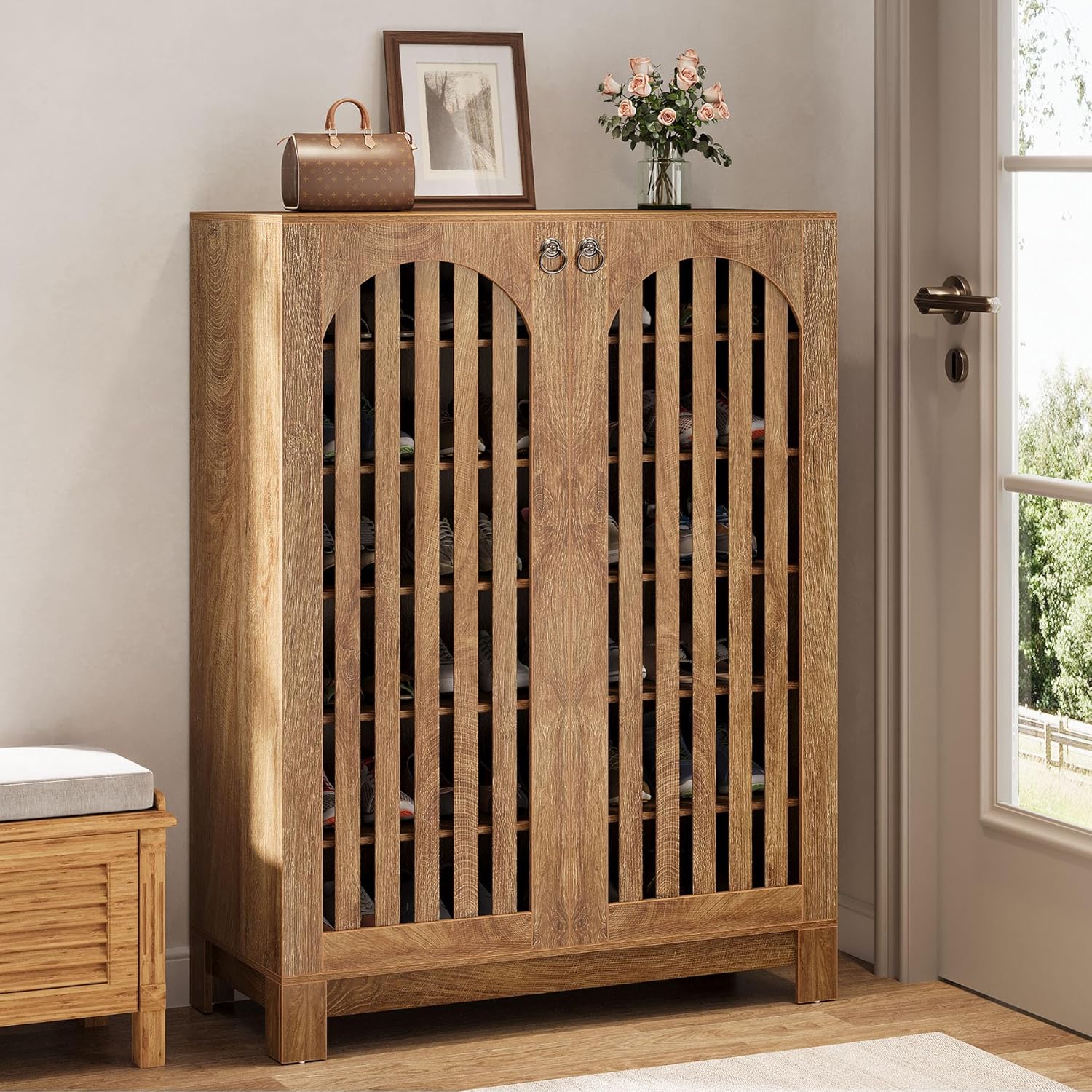 35" Oak 6-Tier Shoe Cabinet, Wooden Shoe Rack with Airy Doors & Adjustable Shelves