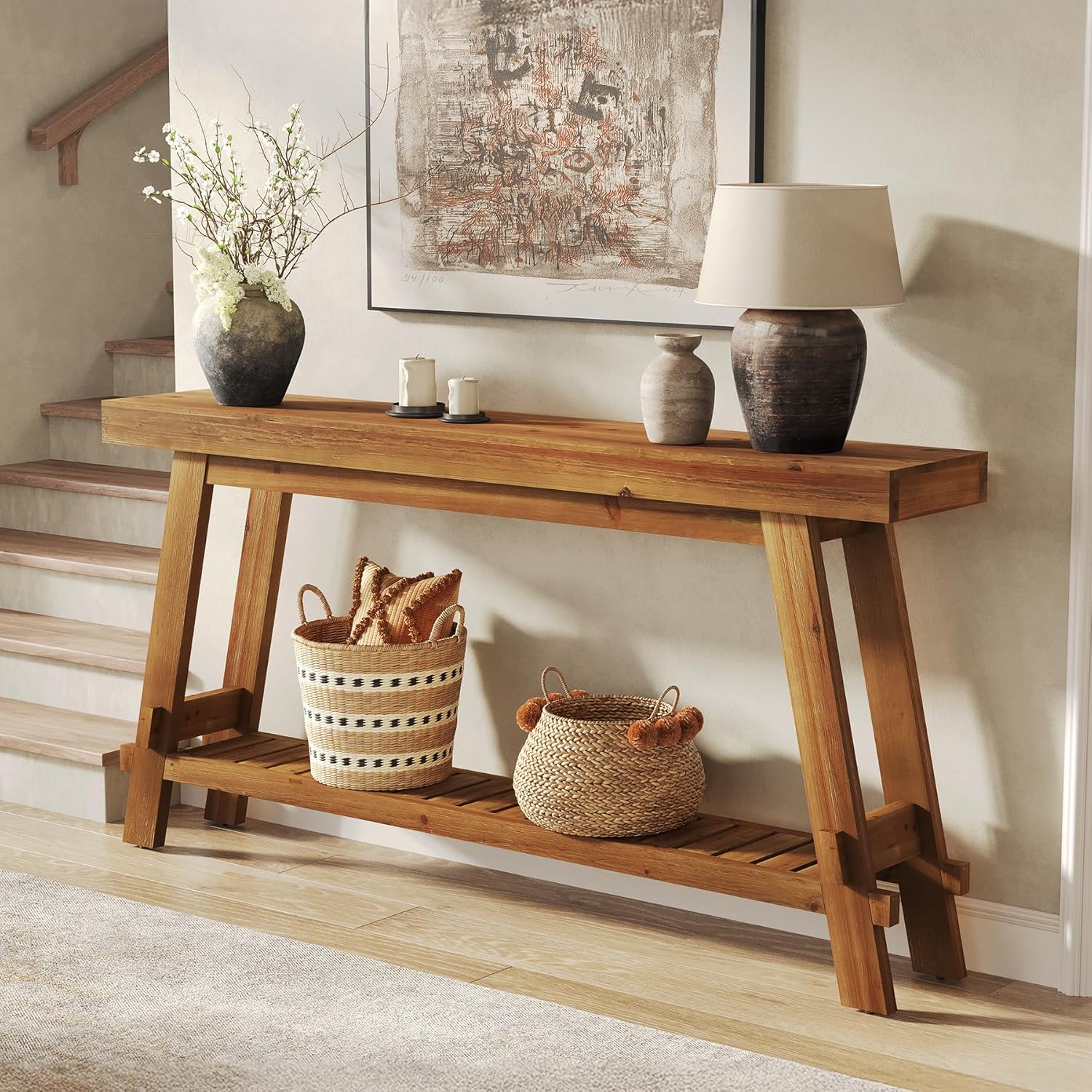 Solid Wood Console Table with Storage, Farmhouse 2-Tier Narrow Sofa Table for Living Room