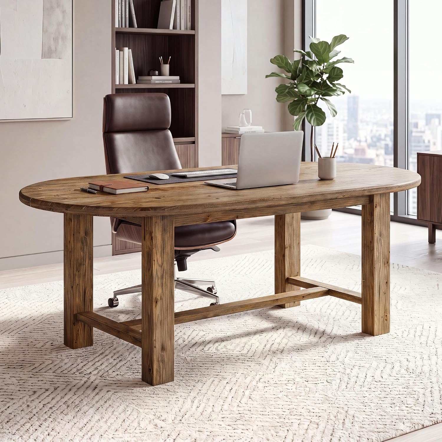 Tribesigns 63 Inch Solid Fir Wood Executive Desk with Crossbar, Oval Workstation for Home Office